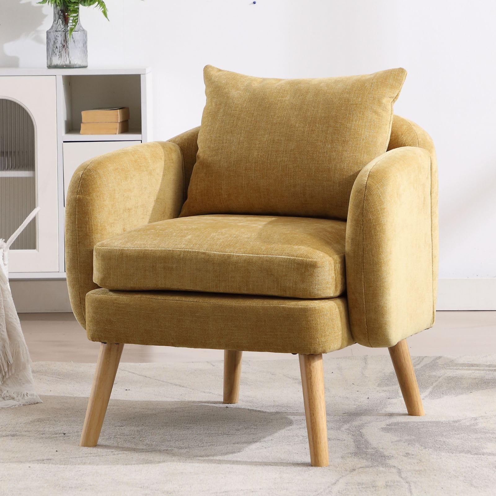 Ya-Home Poltrona Imbottita Poltroncina in Tessuto Poltrona Salotto Moderna con Gambe in Legno Sedia da Salotto con Braccioli per Soggiorno/Camera da Letto, Giallo