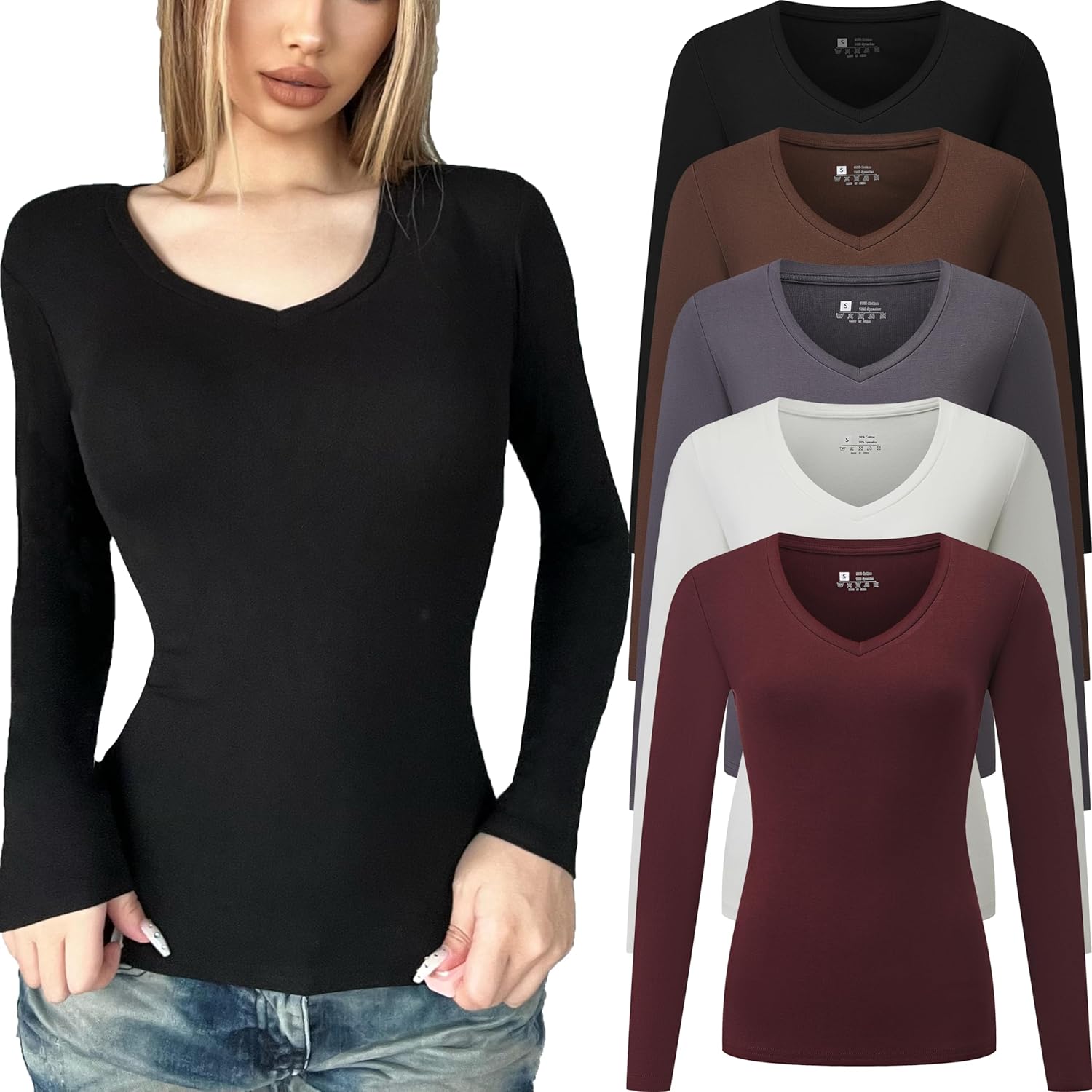 FMNNNN 5 Pack Long Sleeve Shirts for Women V Neck Fall Winter T Shirt Undershirt Fitted Thermal Casual Basic Tops 2026