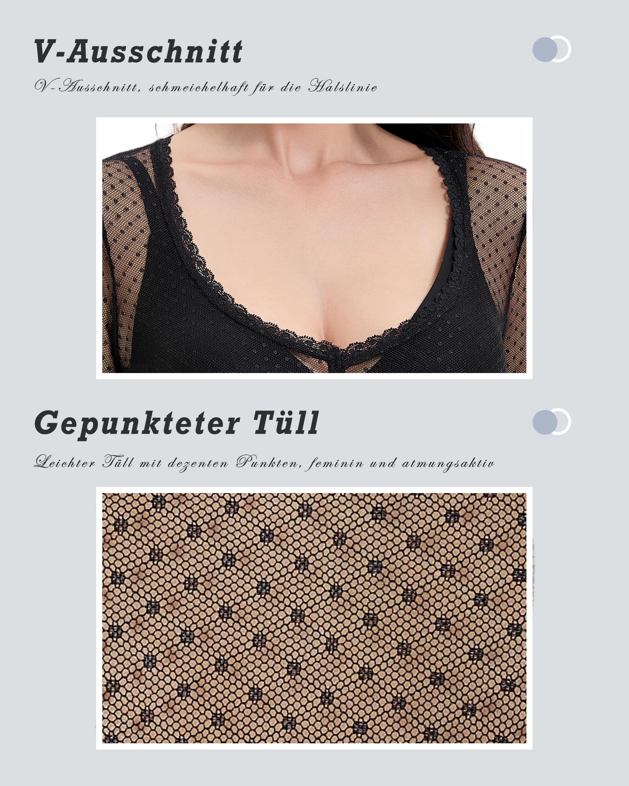 Camicietta Dirndl Donna Manica Lunga per Costume Tradizionale Oktoberfest Elegante Trasparente con Scollo a V Nero Taglia 34-44