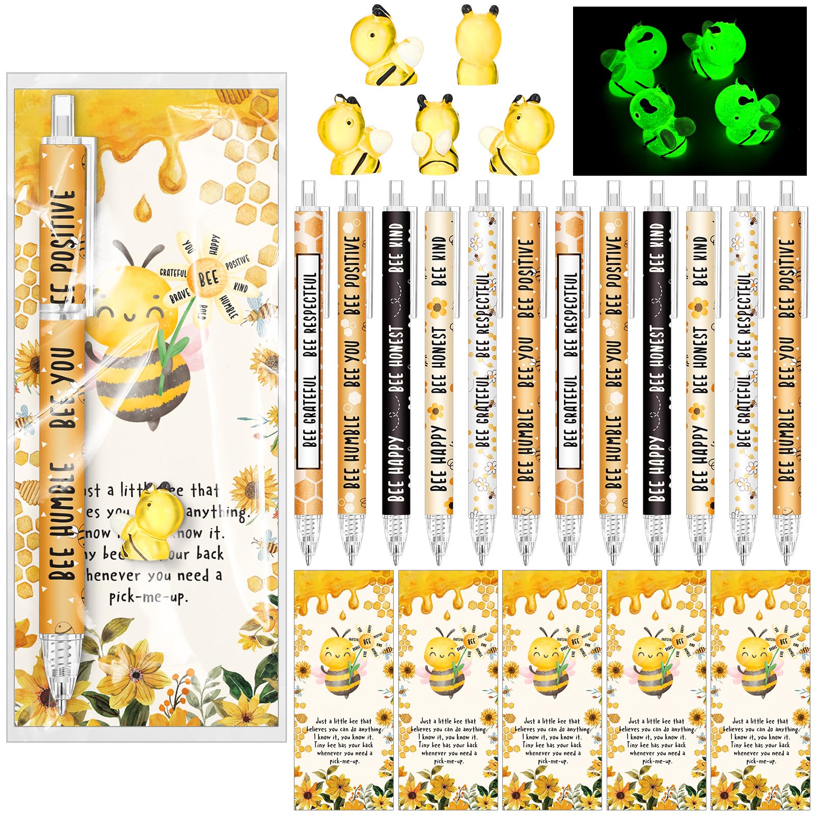 Sayglossy 36 Set Bee Pens Gifts Sets Ballpoint Pens Luminous Mini Resin Bees Desk Pet Inspirational You're Awesome Bookmarks Office Employee