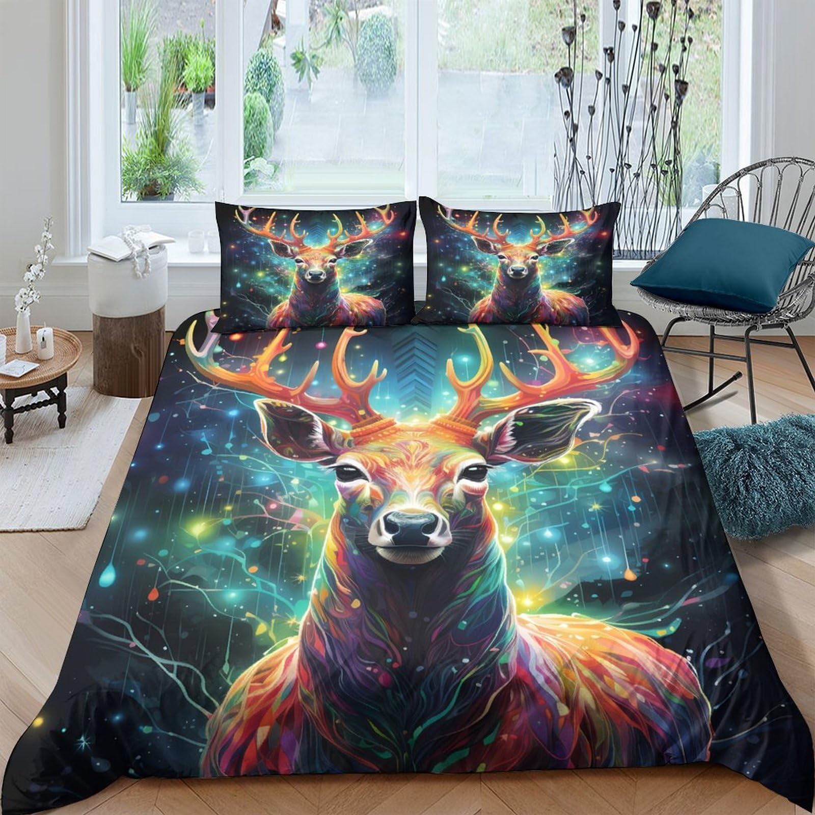 Ctjqhvkz Style-8 3D Printed Galaxy Deer Fitted Sheet Microfiber Soft Mattress Cover Colorful Antlers Bedroom Decor Washable Single（135X200cm）