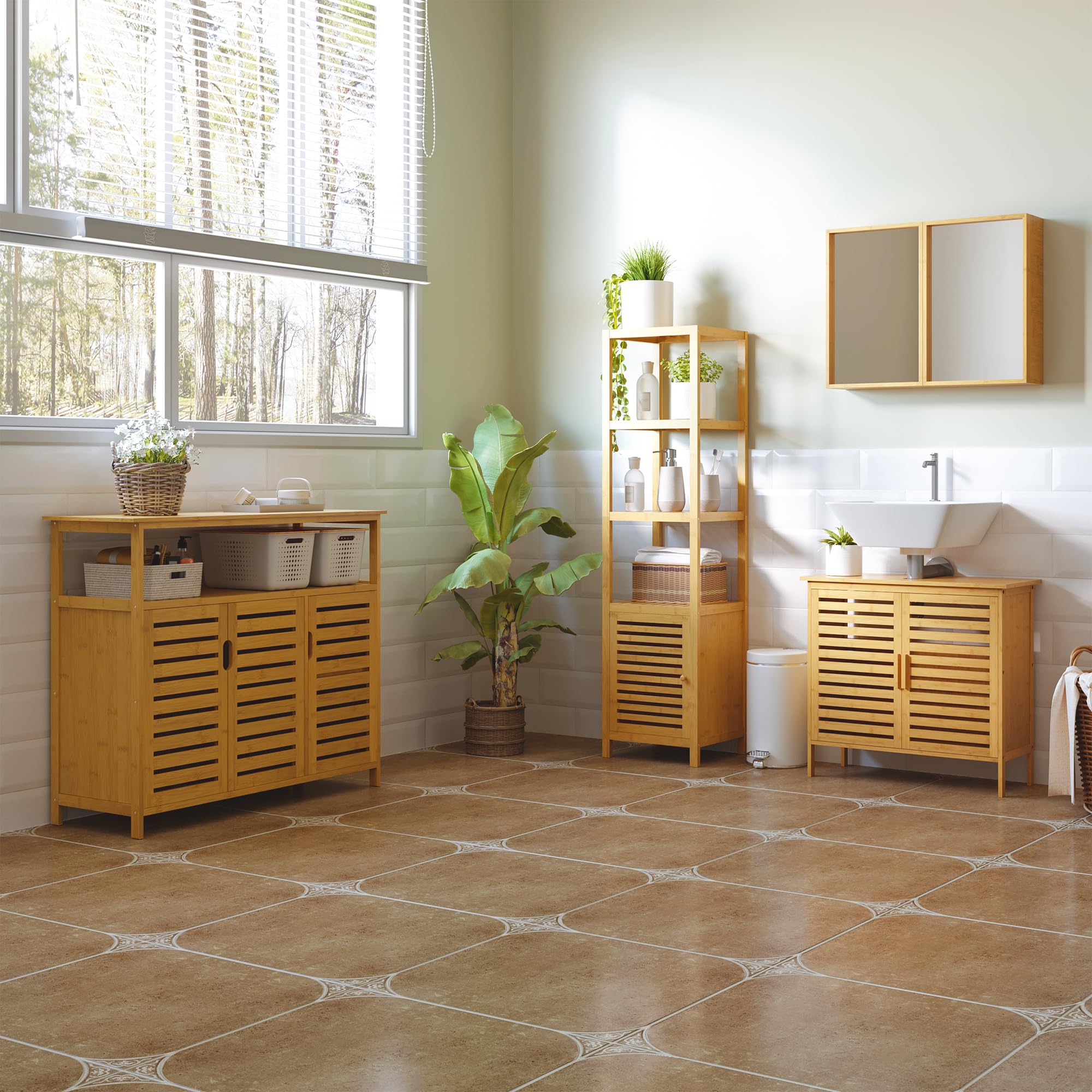 HOMCOM Meuble Colonne Rangement Salle de Bain 36L x 33l x 140H cm Bambou