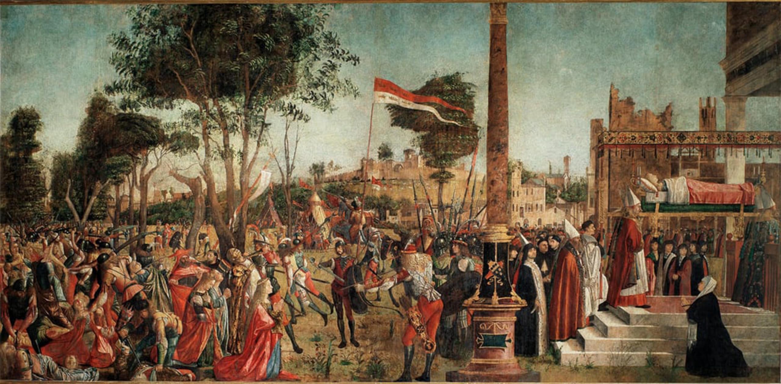 ARTXLXXBN Famous Painting Canvas Artwork Graffiti Print Cycle of the Life of Saint Ursula the Martyrdom of the Pilgrims by Vittore Carpaccio Portrait Canvas Image for Home Decor 60x90cm