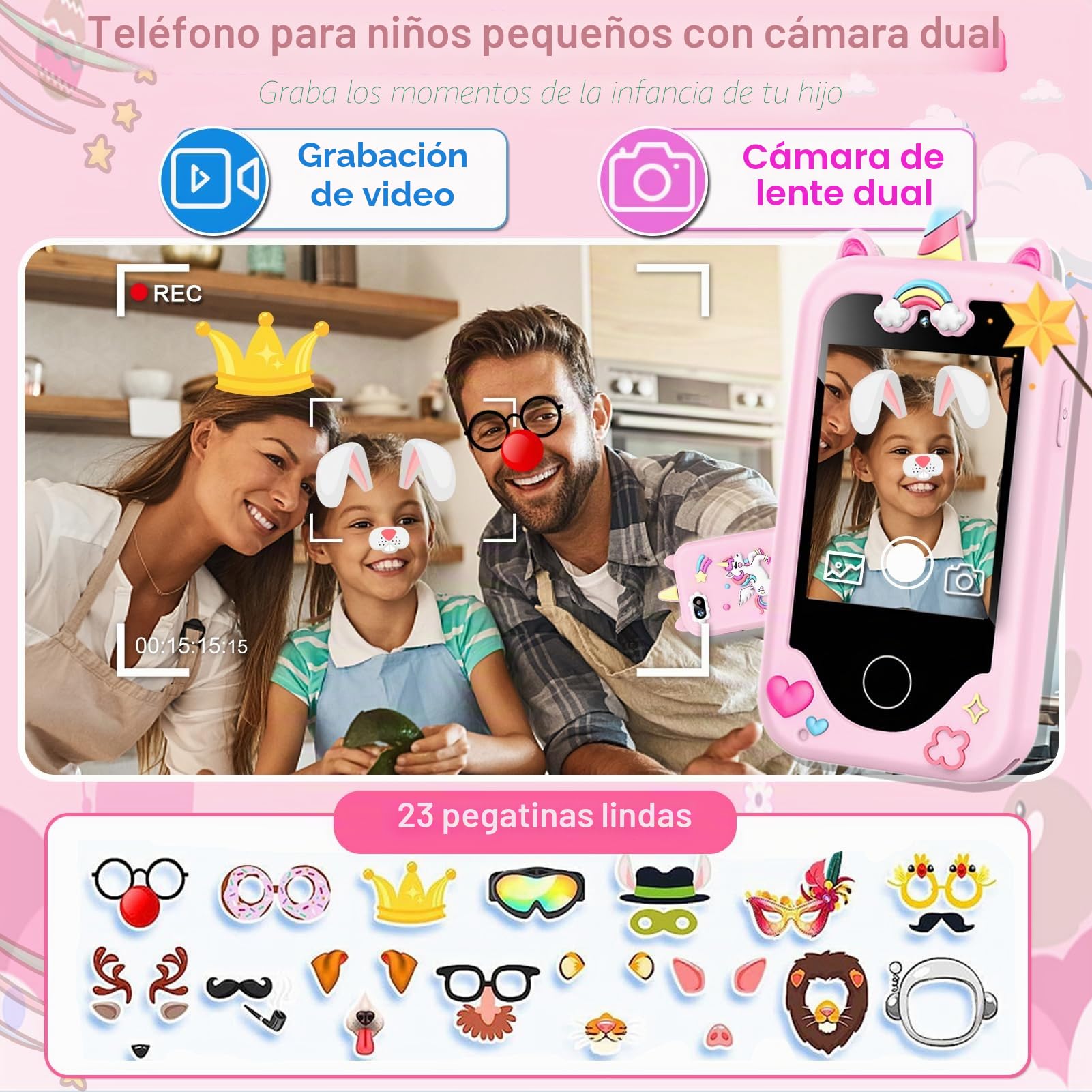 Teléfono infantil unicornio para niñas 3-10 años y cumpleaños, pantalla táctil, teléfono de aprendizaje