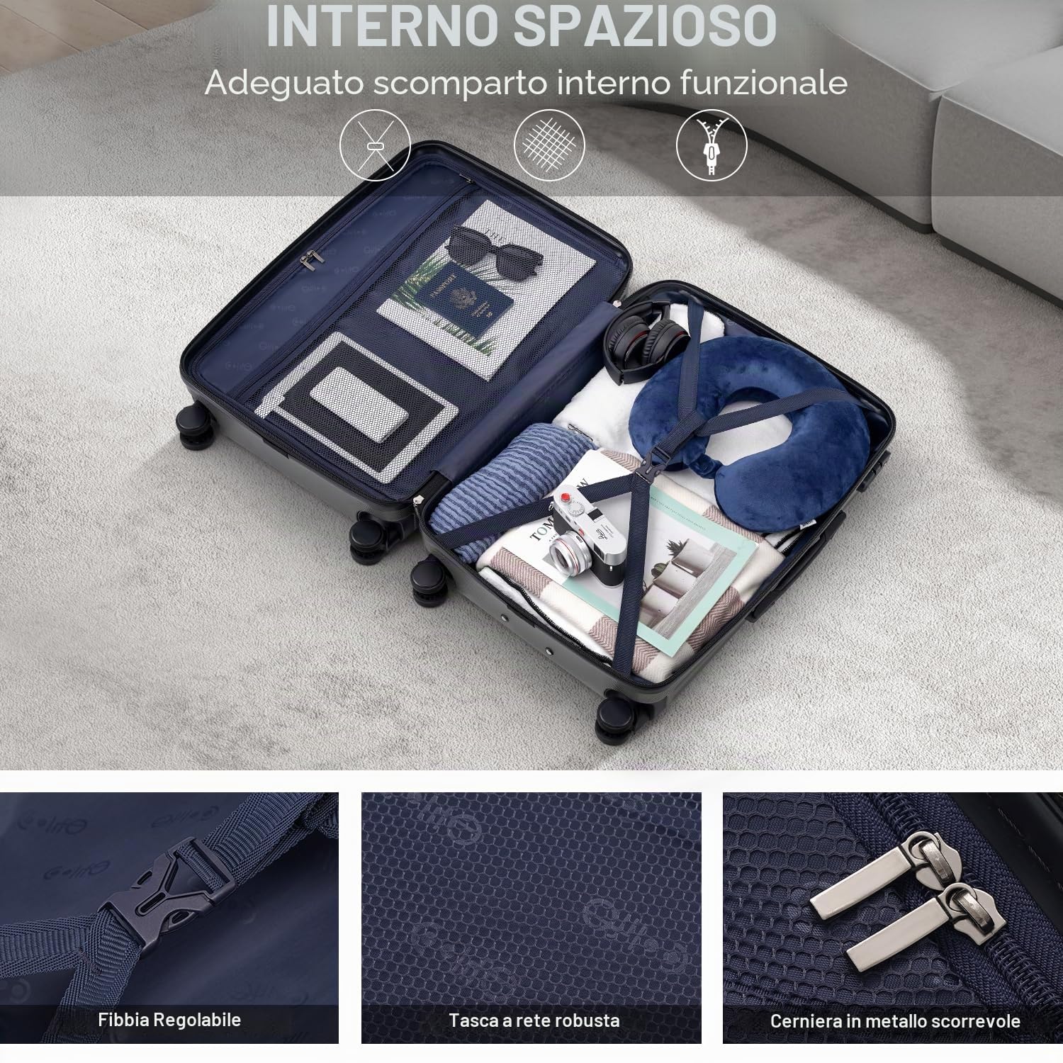 COOLIFE valigia trolley valigia rigida valigia trolley da viaggio realizzata in materiale ABS con lucchetto TSA maniglia telescopica e 4 ruote gemellari (Nero, 77cm)