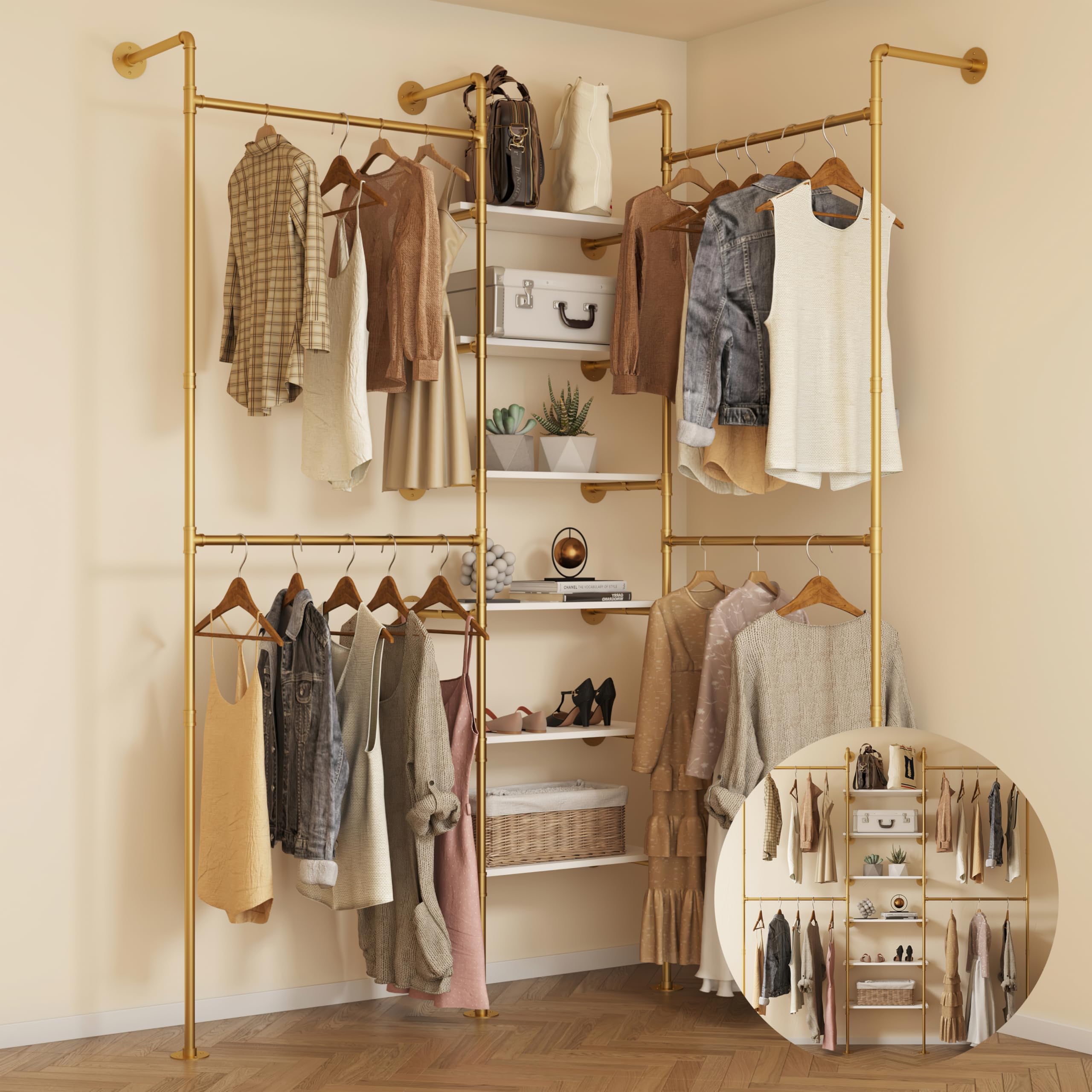 Industrial Pipe Clothes Rack, DÉCOR Wall Mounted Clothing Rack, for Walk-in Wardrobe Multi-Purpose Storage Clothes Hanging Shelf, 2 Installation Methods Gold