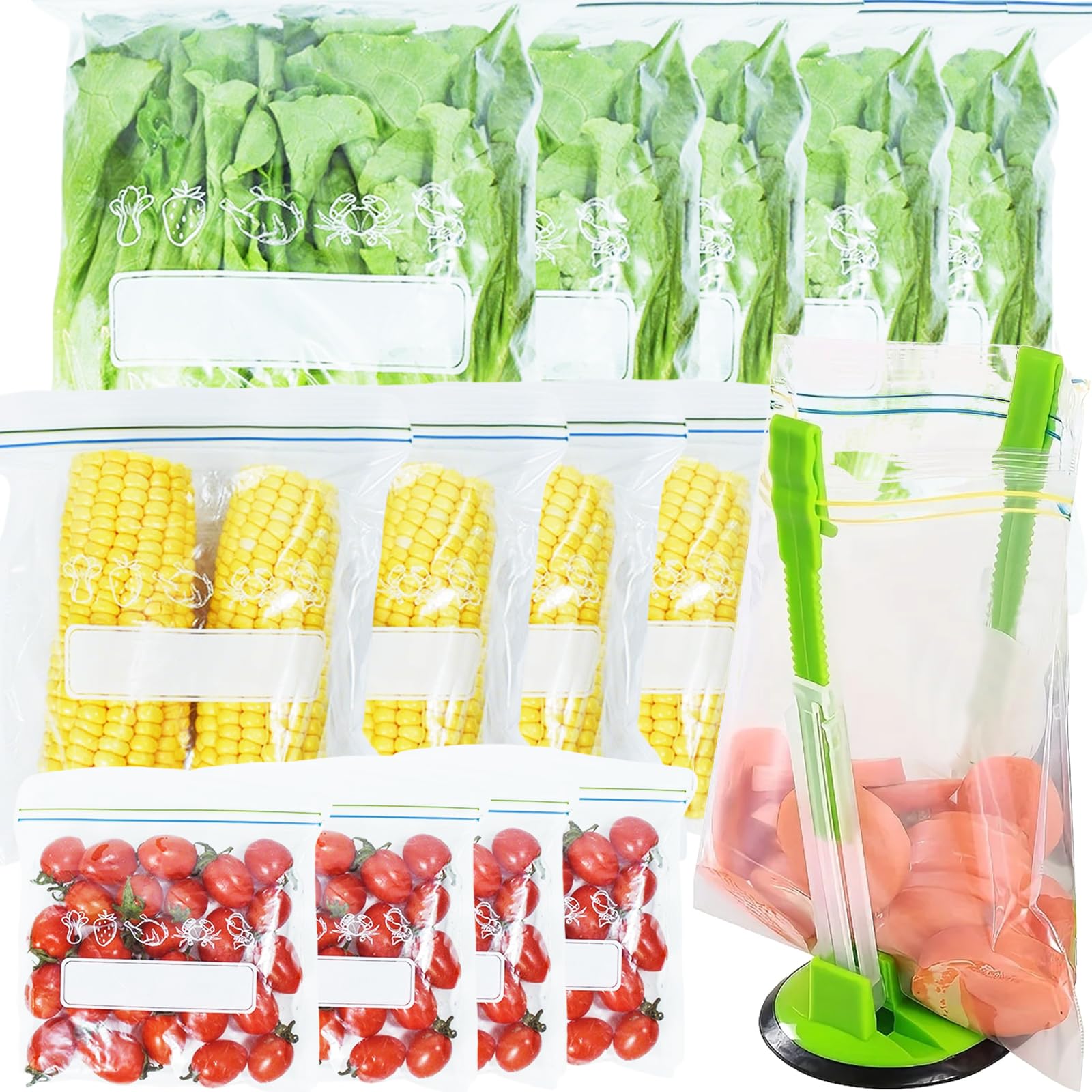 Chersun Clear 65Pcs Reusable Freezer Bags, (L/M/S) Sealable Food Pouches With Bag Stand Holder, Bpa Free Leakproof Food Storage Bags Zip Seal For Sandwich Vegetable Meat Grains Snacks