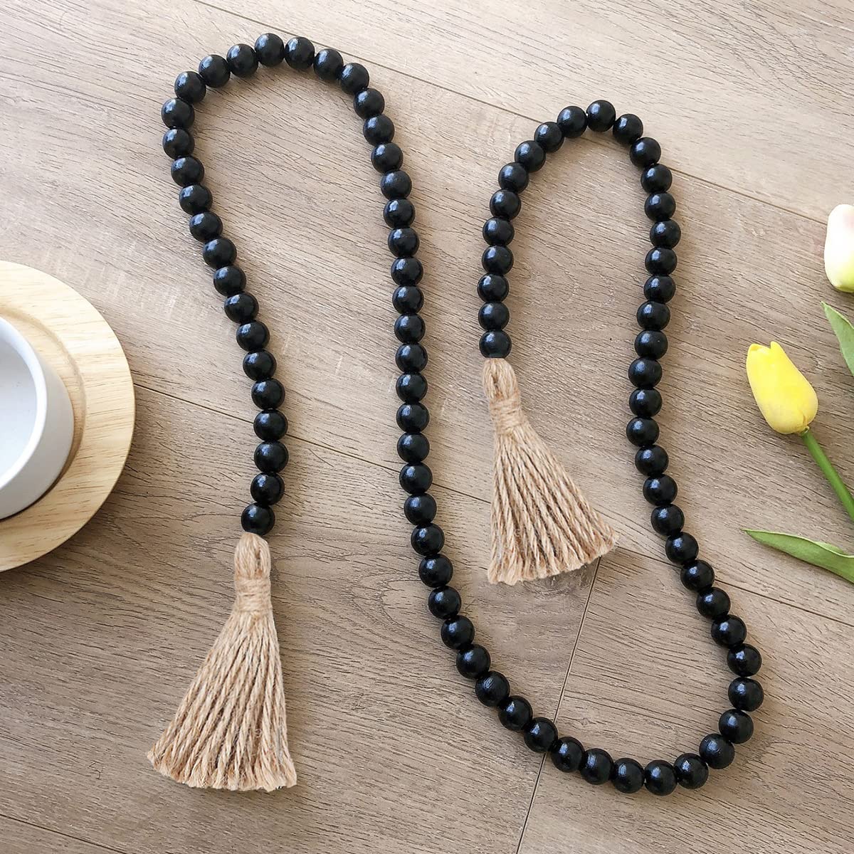 58 Inch Black Wood Bead Garland With Tassels - Farmhouse Rustic Boho Wall Hanging Decor For Home, Mantel, Or Plants - View #6