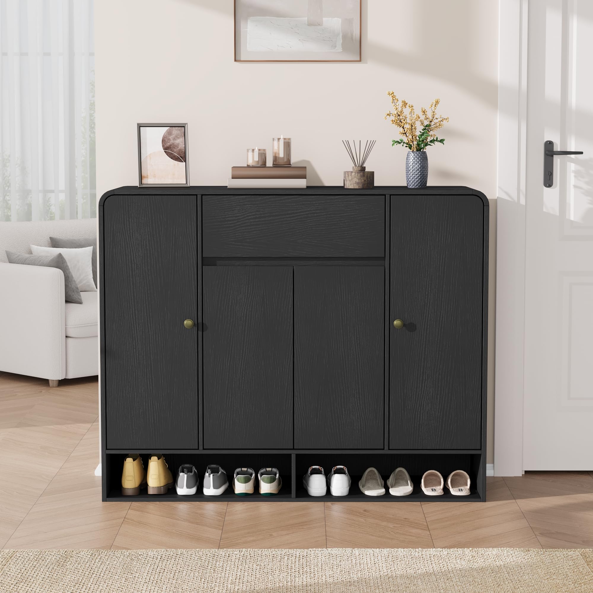 Garvee Shoe Storage Cabinet with 4 Doors and 1 Drawer, Freestanding Entryway Organizer with Rounded Corner, Narrow Large Capacity Cabinet for Hallway, Living Room, Black
