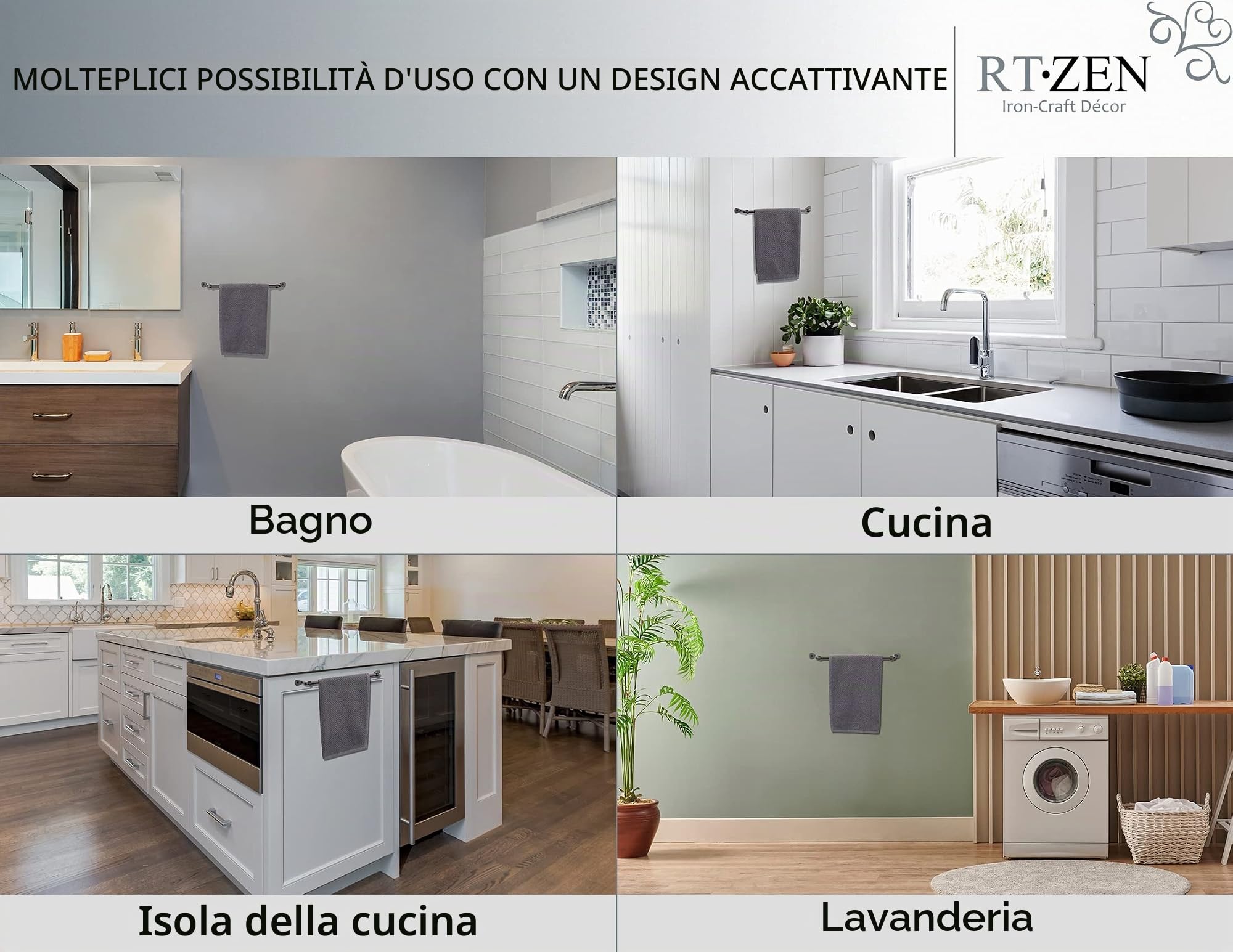 RTZEN Portasciugamani nero opaco per bagno, realizzato a mano in ferro battuto, barra da cucina in metallo, per casa o ufficio, montaggio a parete, adatto per asciugamani da 25,4 cm