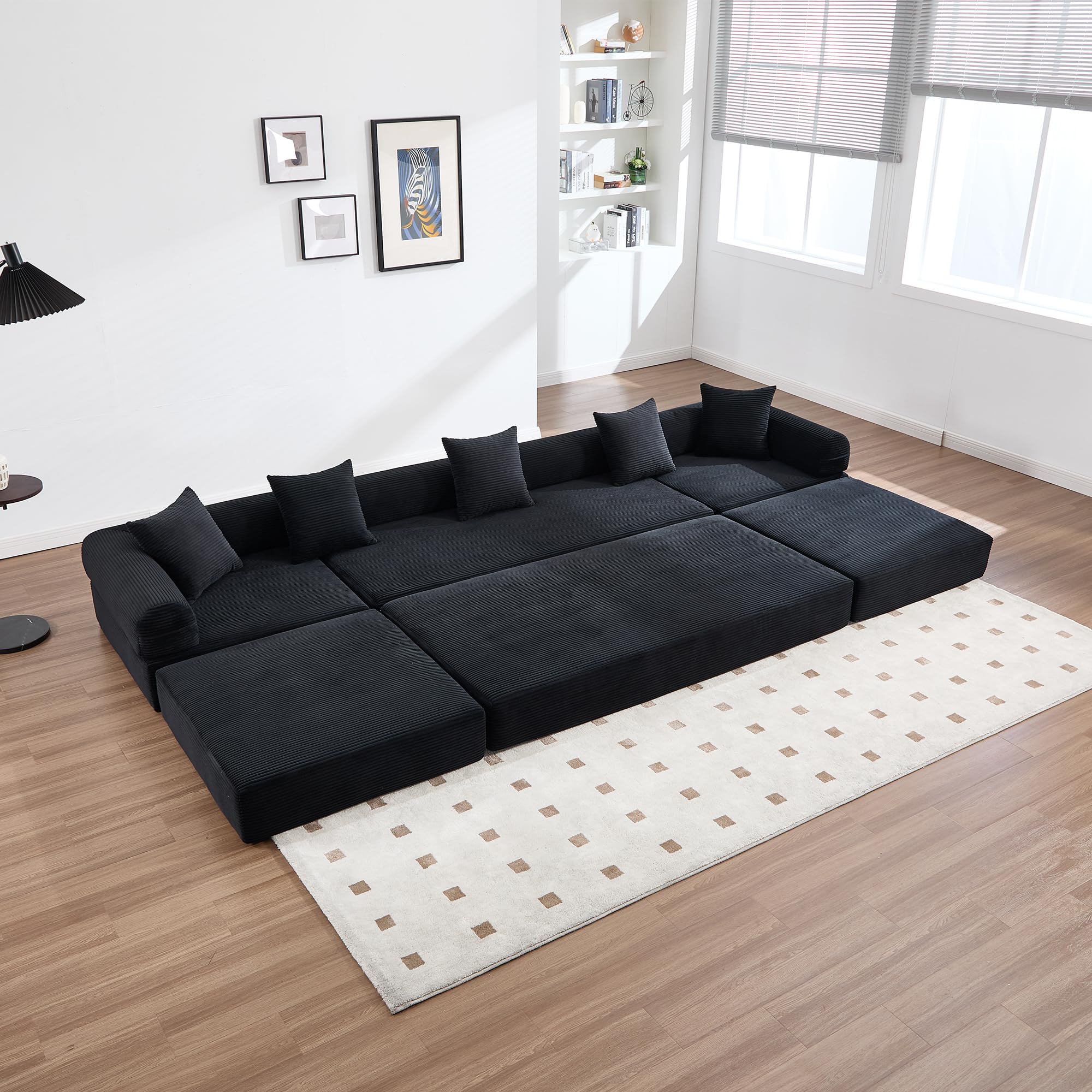 Sapgaks Canapé Convertible 4 Places avec Structure en métal Robuste, Poches latérales et 5 Coussins,canapé modulaire en Velours côtelé,Peut être combiné Librement,canapé lit,Noir