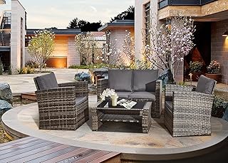 COSMO BUY 4-Seater Mix Grey Rattan Corner Sofa Set 4 Piece Indoor/Outdoor Rattan Garden Furniture Sets Patio Wicker Backyard Conservatory 1x Double Sofa, 2x Armchairs, w/ALL Cushions & Top Glass Table