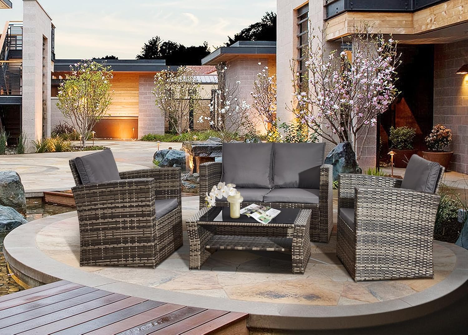 COSMO BUY4-Seater Mix Grey Rattan Corner Sofa Set 4 Piece Indoor/Outdoor Rattan Garden Furniture Sets Patio Wicker Backyard Conservatory 1x Double Sofa, 2x Armchairs, w/ALL Cushions & Top Glass Table