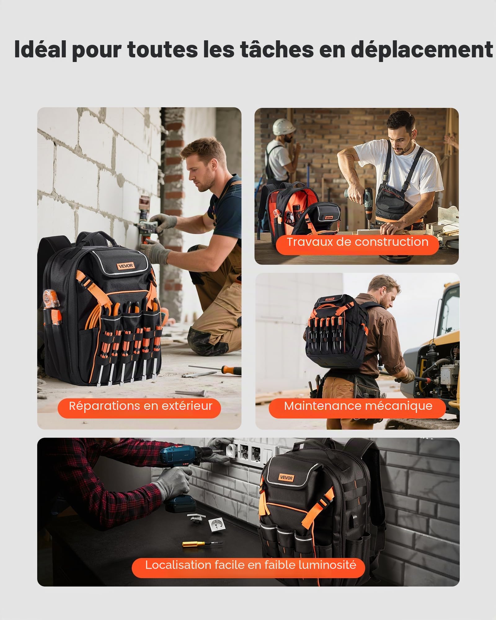 VEVOR Sac à Dos à Outils, Charge 22,7 kg, Sac à Outils, 33x22x44 cm, avec 45 Poches, Compartiment Ordinateur Portable, Base Stable, Organisateur à Outil Robuste pour Chantier, Électricien, Réparateur