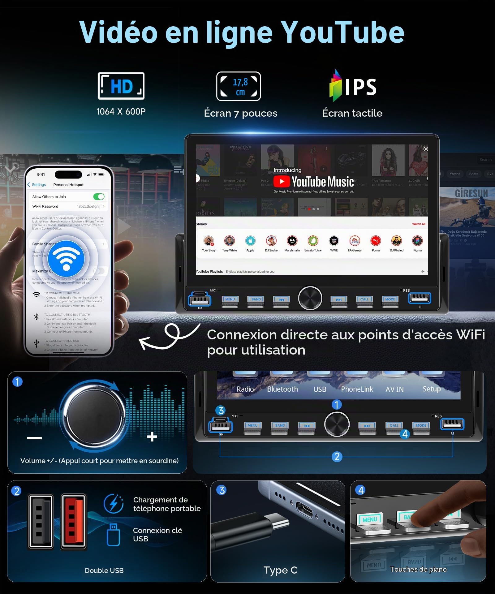 VECHTEL Autoradio 7" 1 Din avec carplay sans Fil Android Auto,Radio FM avec Blurtooth, système de Navigation,2 USB/SD/AUX,avec Touches Piano,vidéo en Ligne,Lien Miroir, avec caméra de recul