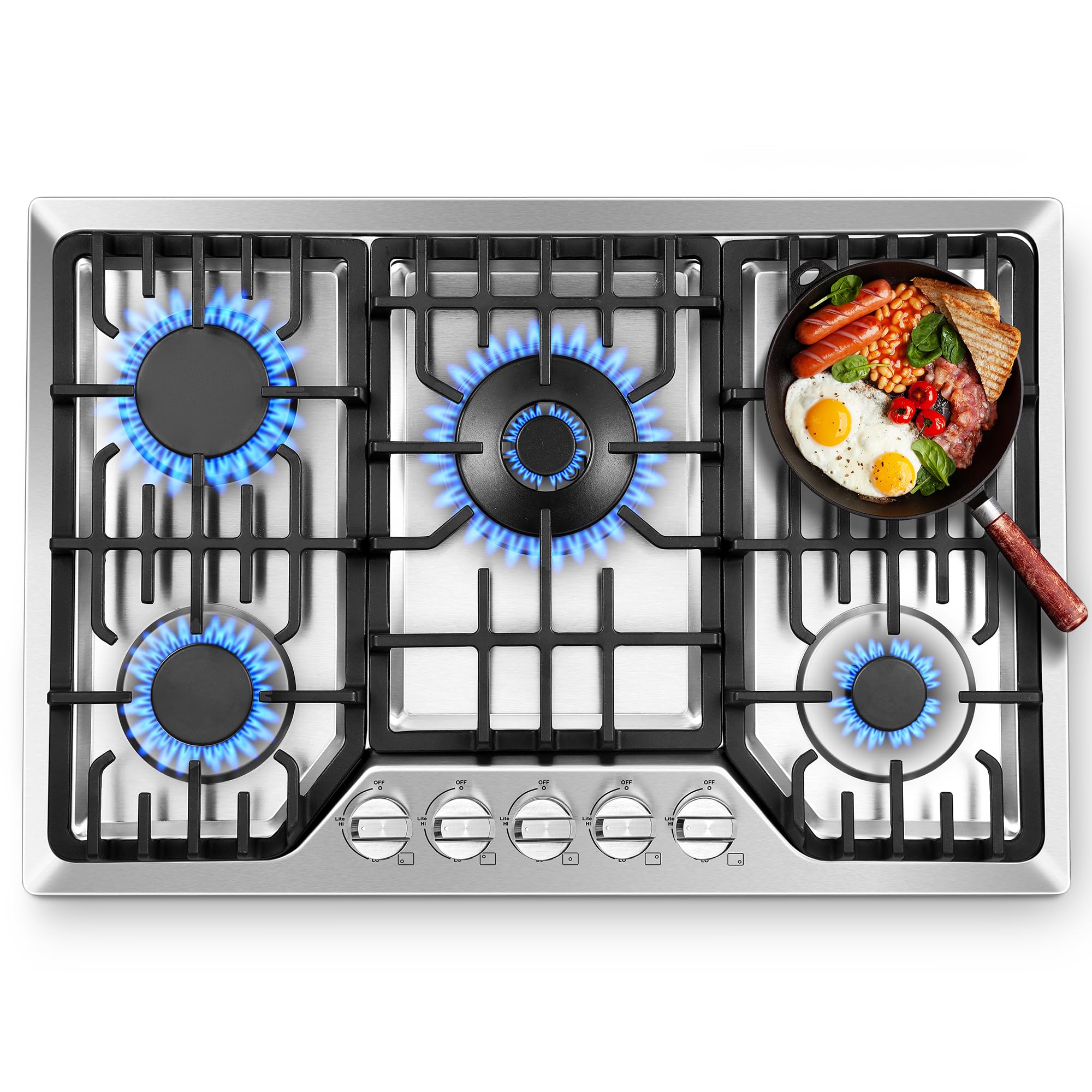 Gas Cooktop 30 Inch with 5 Italy SABAF Powerful Burners, Max 48,300 BTU/hr Gas Stove Top, Built-in 304 Stainless Steel Propane Stove, NG/LPG Convertible, CSA Certified