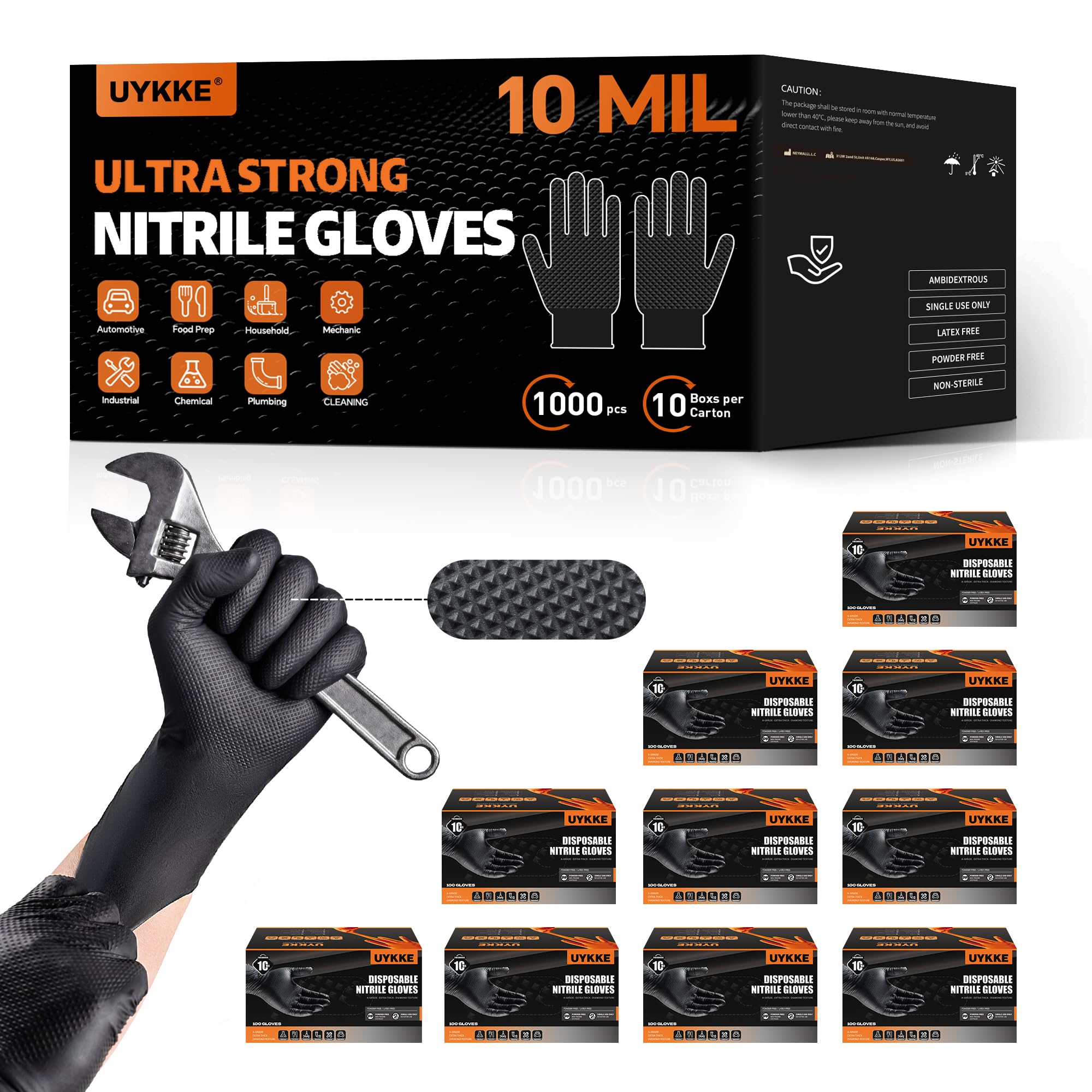 2024 verbesserte Nitrilhandschuhe, dick, industrielle Einweghandschuhe, robuste Mechanikerhandschuhe, lebensmittelecht, volldiamantstrukturiert (Schwarz, 1000 Stück, L)