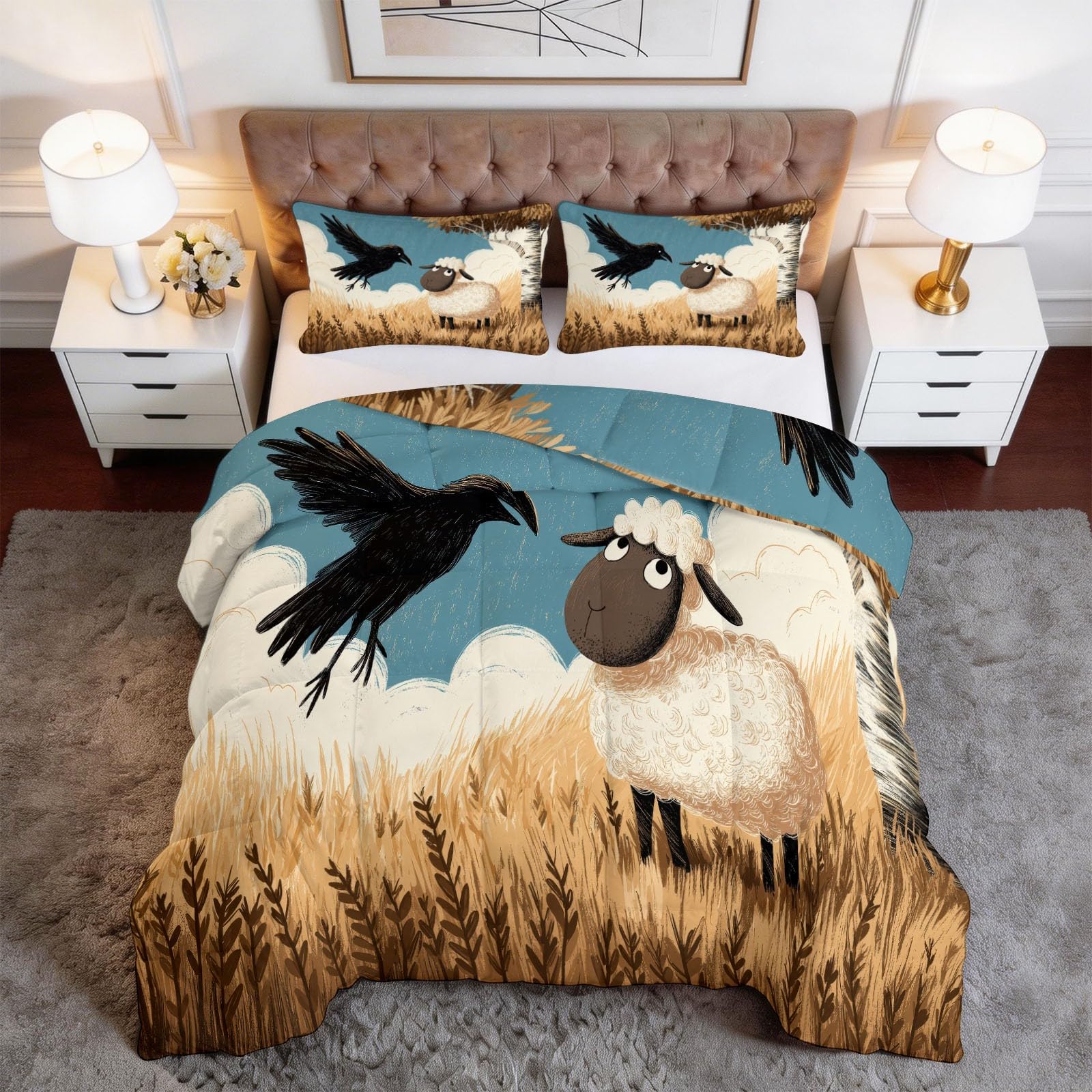Generisch Weizenfeld Schafe Krähen Bettdecke 200 x 220 cm 4 Jahreszeiten Steppdecke, Cartoon-Tiere Waschbare Ganzjahresdecke Kinder Bettwaren Set Kinderzimmer Babyzimmer Bettdecke Ohne Bezug
