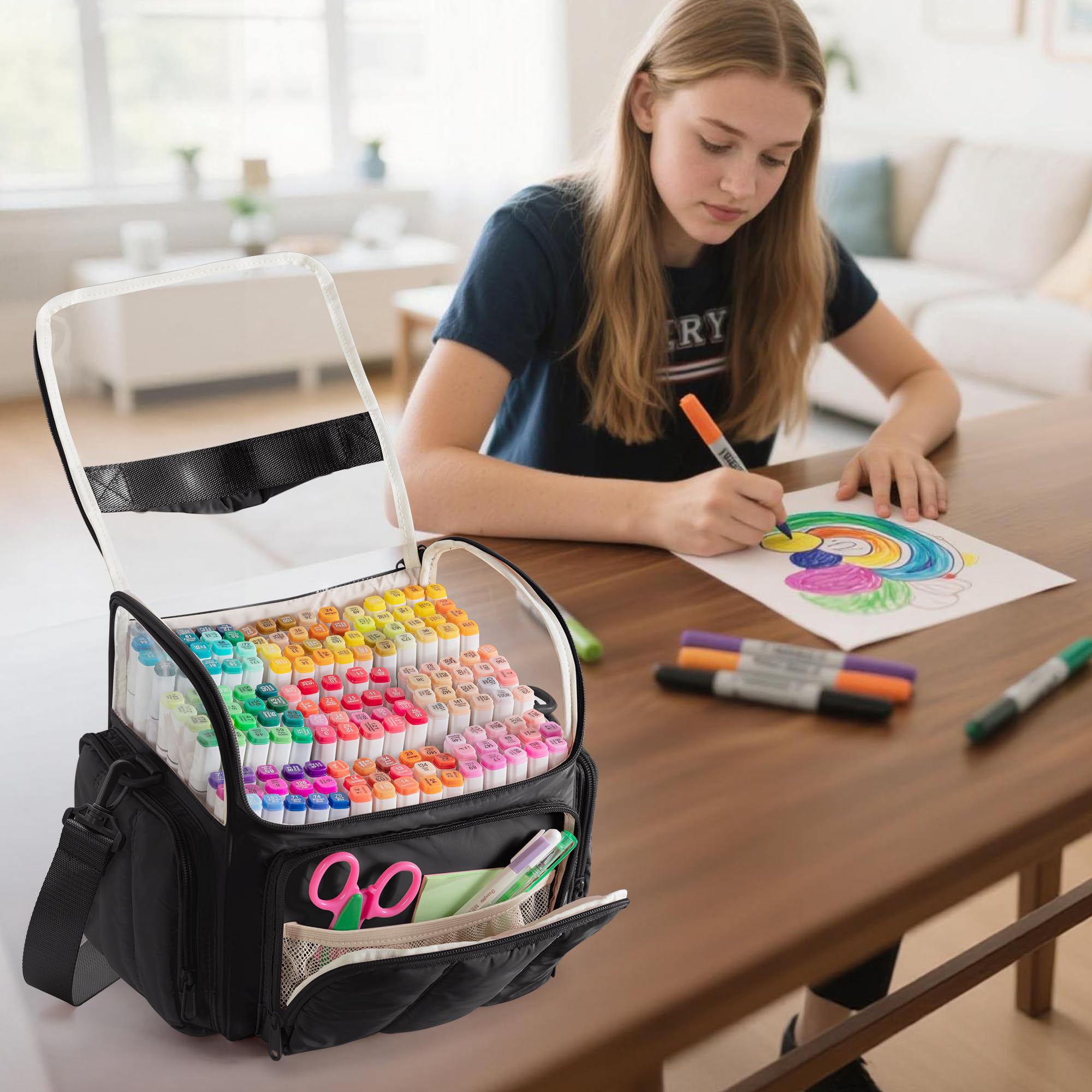 Rexmica Große Aufbewahrungstasche für 210 Marker Stifte, Gepolsterte Marker-Organizer-Tasche mit Schultergurt für Erwachsene, Künstler, Lehrer und Malbegeisterte, Schwarz (Leerer Beutel)