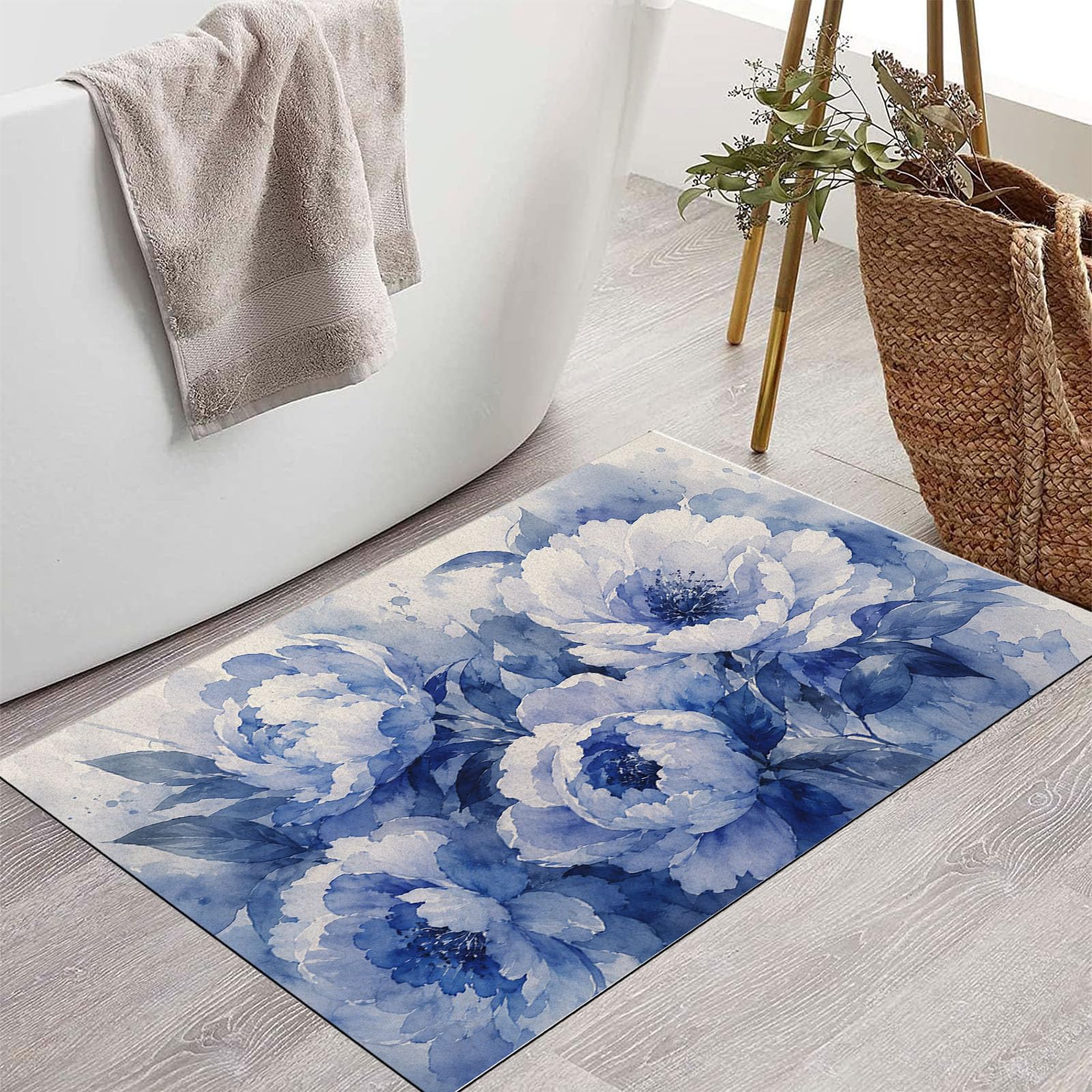60X90Cm Zerbino Ingresso Interno Antiscivolo Assorbente, Tappeto Microfibra Sottile Lavabile Con Peonia Acquerello Sfumato Piante Della Tranquillità Orientale Per Cucina Bagno Porta Animali, Indaco