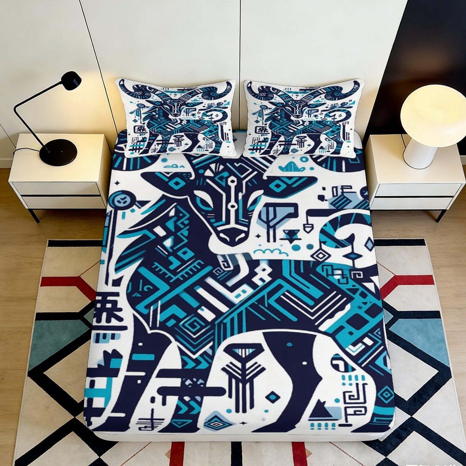 Pnayamiorkfel Style-3 3D Printed Geometric Wolf Fitted Sheet Microfiber Soft Blue Mattress Cover For Bedroom Dorm Multi Scene Decor 90X200x25cm