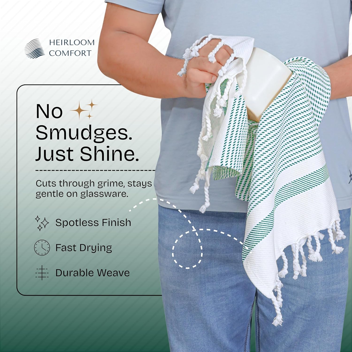 Turquiose Green Turkish Kitchen Towels 16"x26", 12 Pack, 100% Cotton, Ultra Absorbent, Soft, Fast Dry, Machine Washable, Dish Towel with Tassels for Drying Dishes, Cleaning, Wiping - Image 2