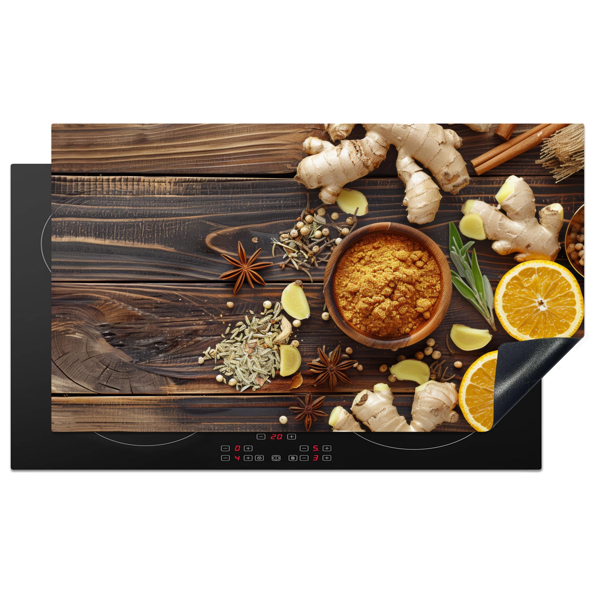KitchenYeah© Induction Hob Protector Mat 20.5"x35.4" / 90x52 cm Cooker Top Protectors Cover Ceramic Covers Electric Hobs Vinyl Spices - Ginger - Lemon - Spices - Still Life - Wood Print — image 1