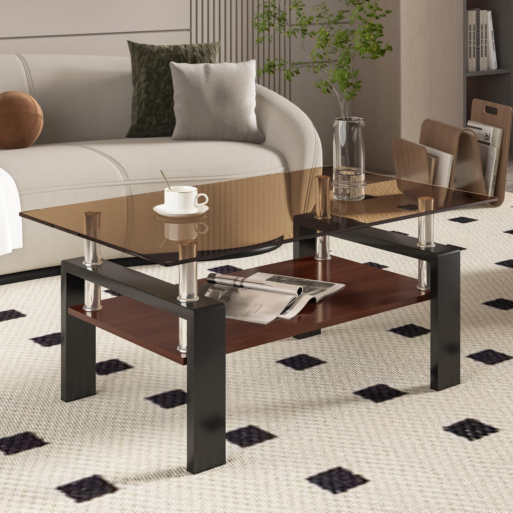 Brown Glass Coffee Table with Storage Shelf