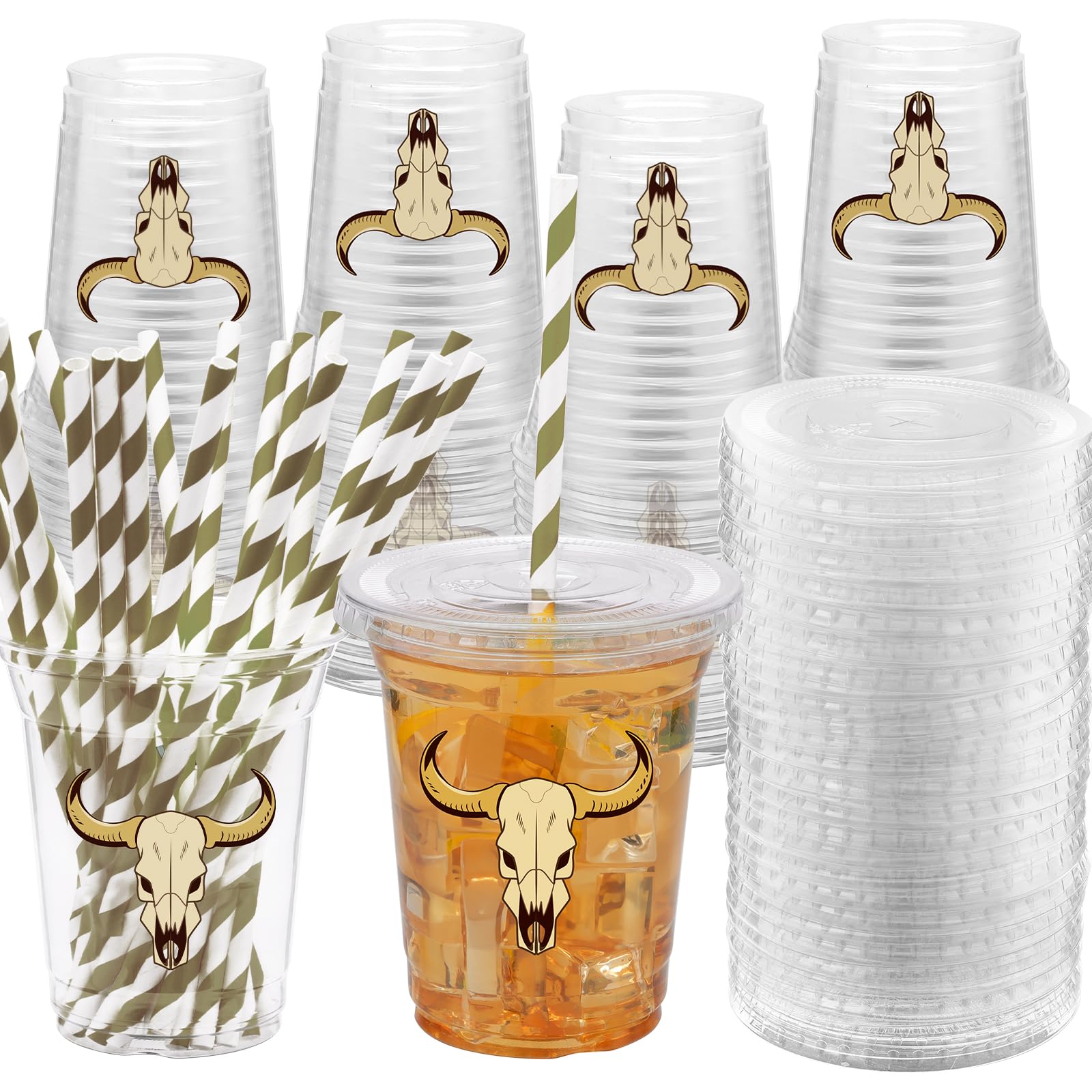 50 Sets 12OZ Western Cowboy Plastic cups with Lids and Straws, Western Party Decorations Disposable Longhorn Print Clear Plastic Cups For Cowboy Themed Party Juice Soda Beverage Supplies Favors