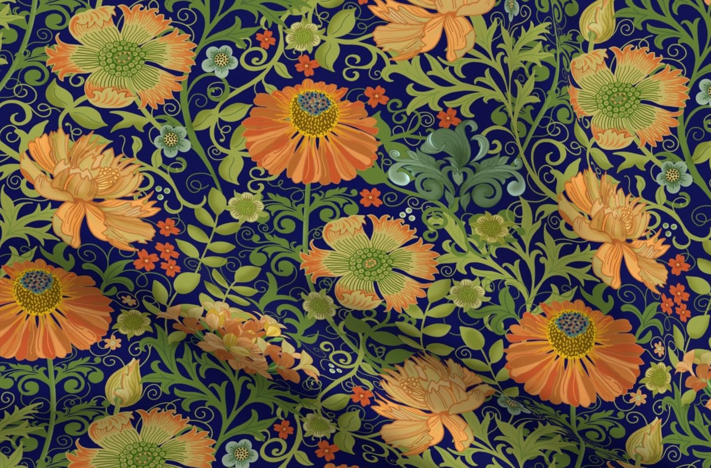 Spoonflower Fabric - Art Nouveau William Morris Orange Green Blue Victorian Antique Vintage Printed on Petal Cotton Fabric Fat Quarter - Sewing