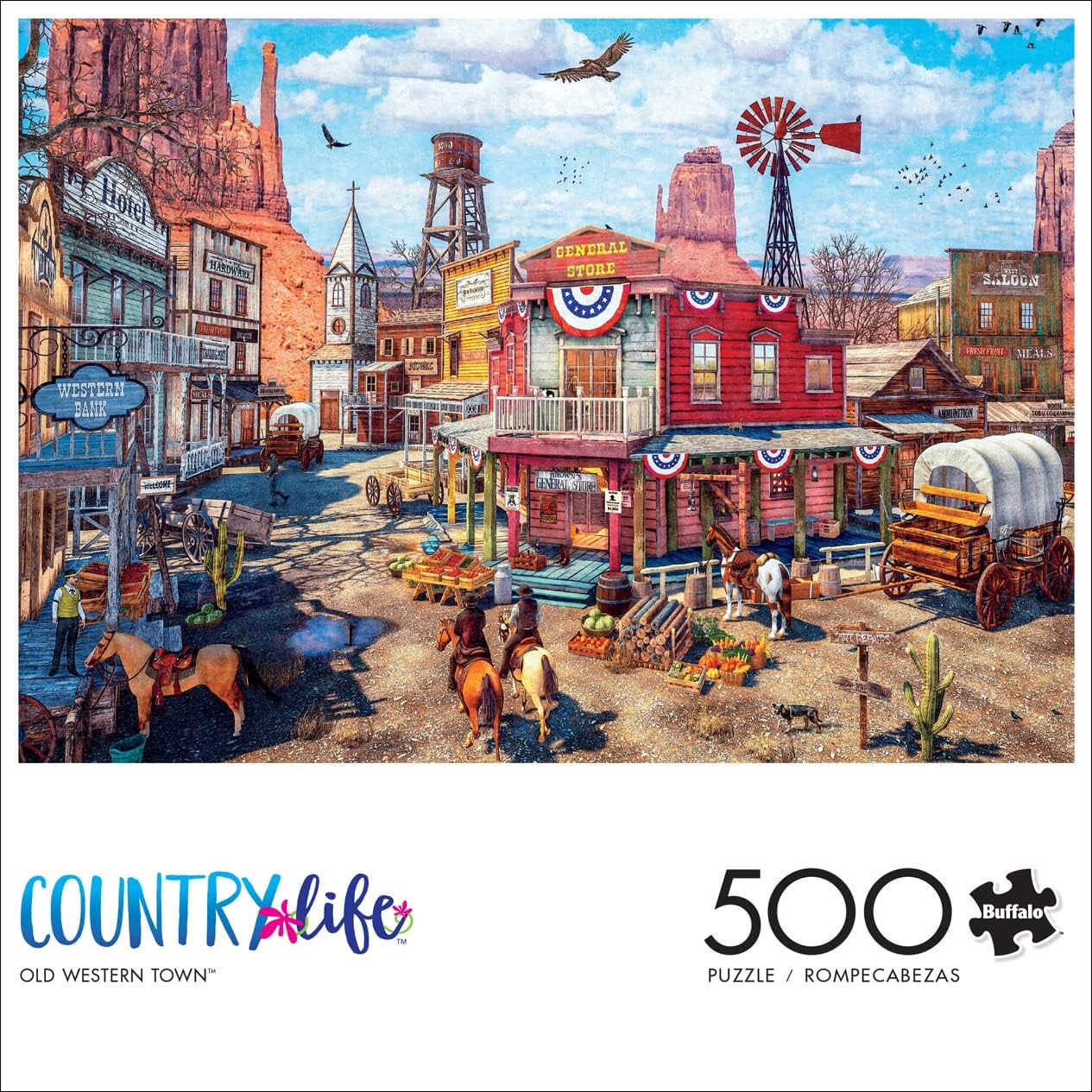 Old Western Town - Dominic Davison - 500 Piece Jigsaw Puzzle for Adults - Challenging Vintage Western Art with Bonus Diagram - Country Life Collection - Made in the USA
