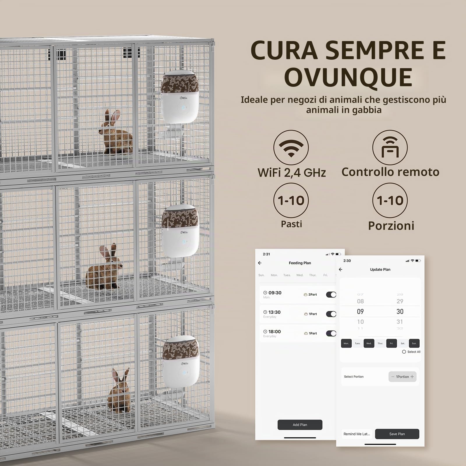 iPettie Alimentatore intelligente WiFi da appendere per conigli, gatti, cani e criceti, perfetto per negozi di animali, controllo remoto e porzioni, alimentazione temporizzata, capacità 1757,7 g,