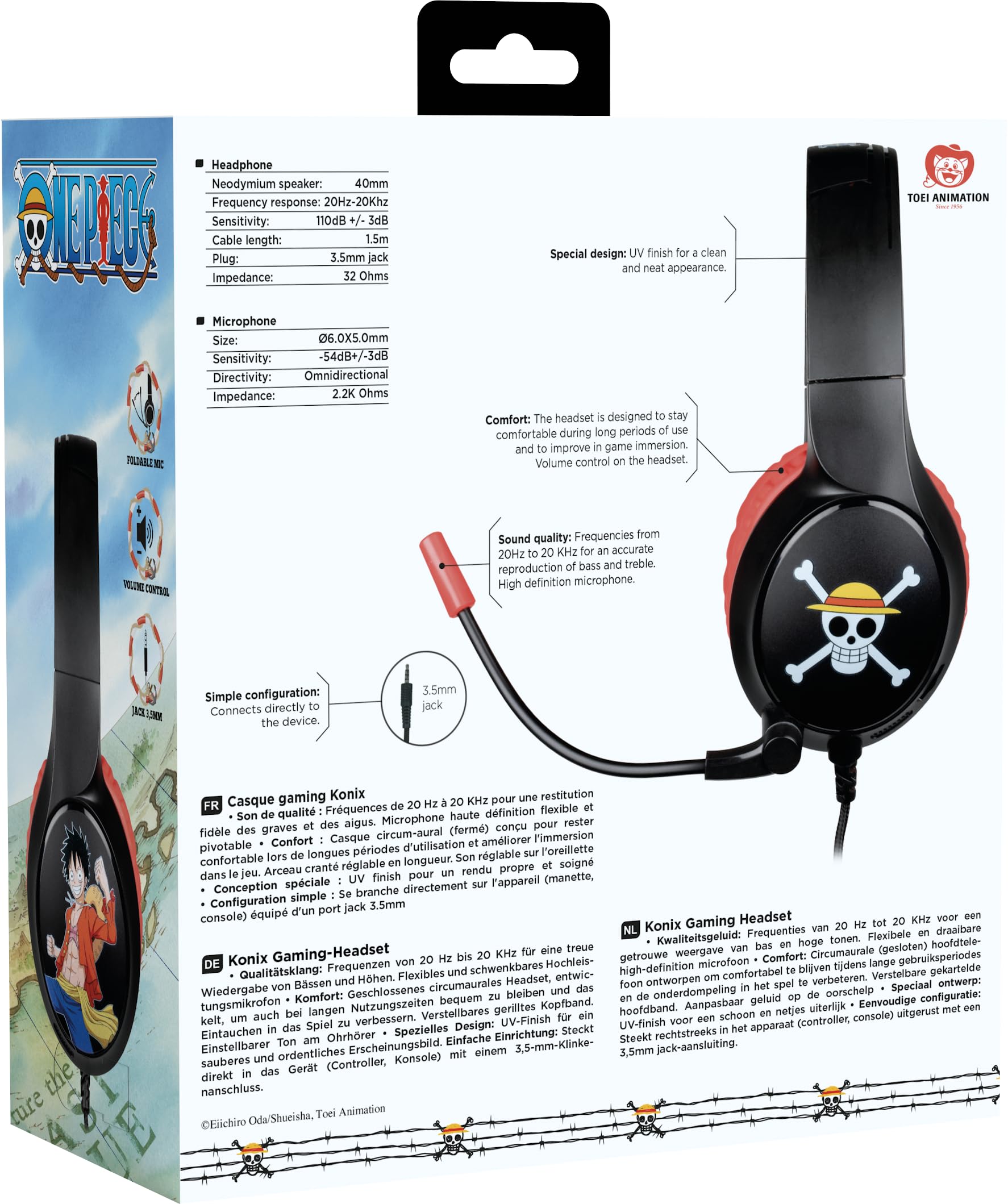 Konix Cuffie da gioco cablate One Piece per PC, PS4, PS5, Switch, Xbox One e Series X|S - Microfono - Cavo da 1,5 m - Connettore jack da 3,5 mm - Modello Luffy