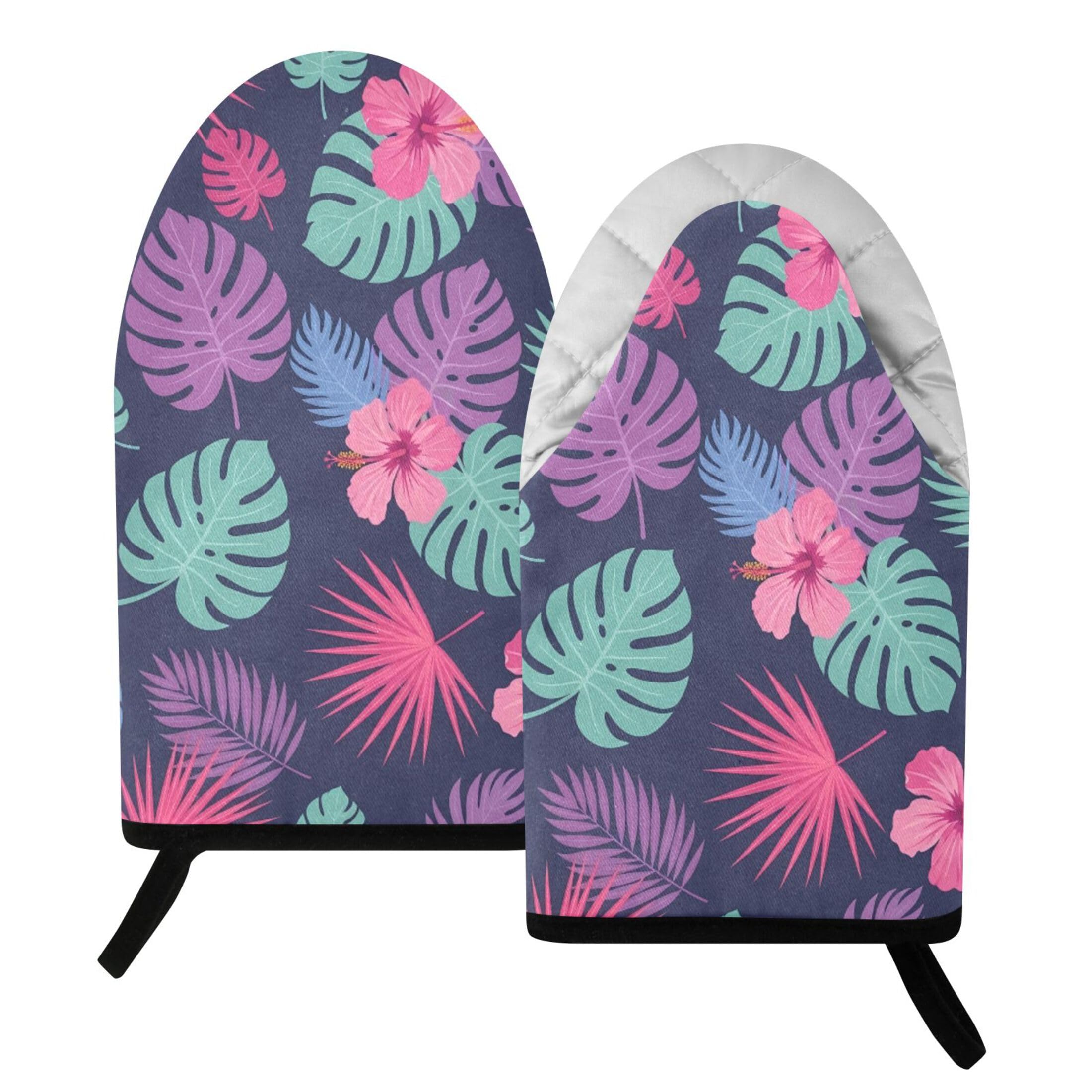 Fuauuyl Oven Mitts Heat Resistant Kitchen Gloves, Hibiscus Monstera Leaves Classic Oven Gloves with Hanging Loop for Baking BBQ Cooking Grilling, 1 Pair, 9.5 in