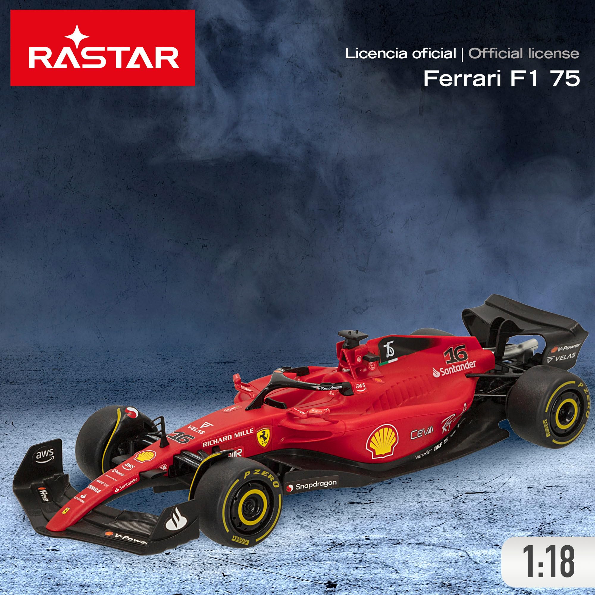 ColorBaby RASTAR - Coche teledirigido Fórmula 1 2022 Ferrari F1-75, Licencia Oficial, Escala 1:18, Coches teledirigidos, Vehículo radiocontrol, Control Remoto, 2.4 GH.z, Sainz + Leclerc, RC (41277)