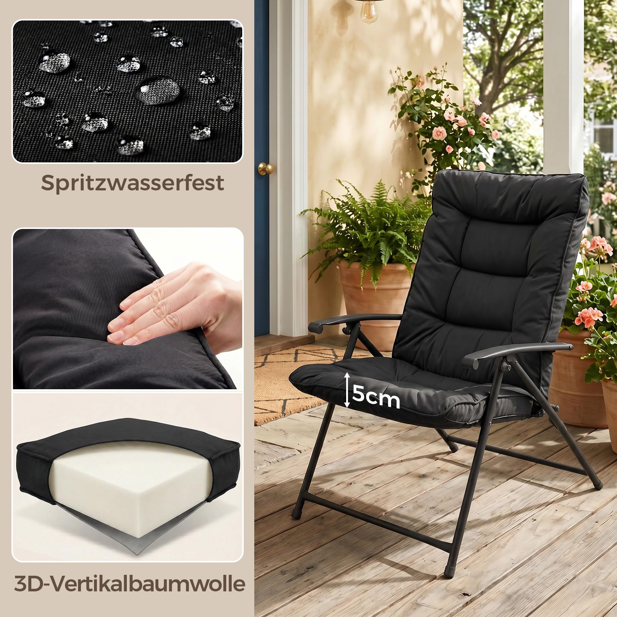 Mondeer Balkonmöbel Set 3 Teilig mit Klappstühlen und Polsterung (Schwarz) | Tisch aus gehärtetem Glas, atmungsaktiv, Klappstühle, Terrassenmöbel-Set für Balkon, Hinterhöfe, Pool