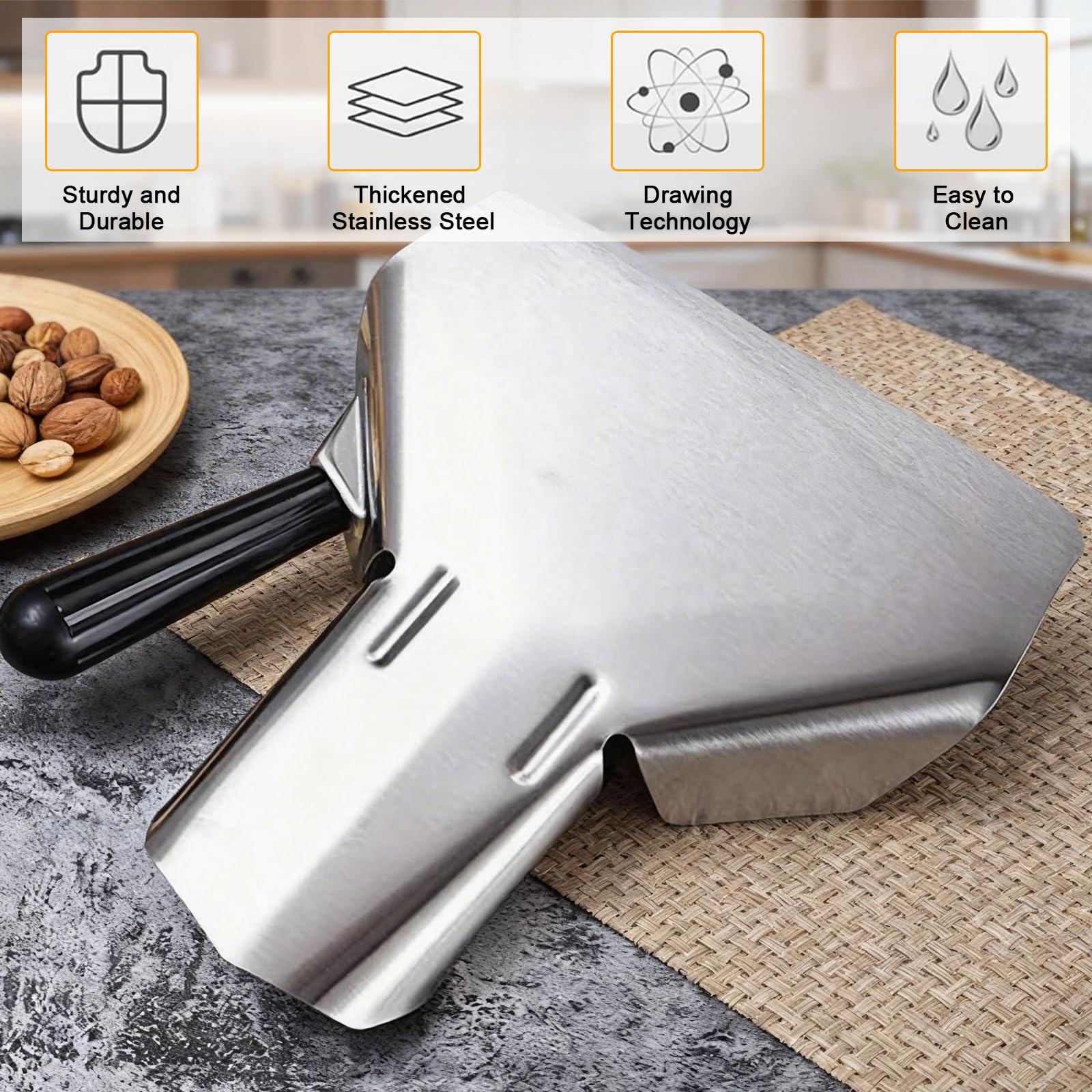 1 pala para patatas fritas, 22,5 x 21 cm, acero inoxidable, con 1 mango derecho, para el hogar, cocina, aperitivos, dulces, postres, con un mango y pinzas para el pan