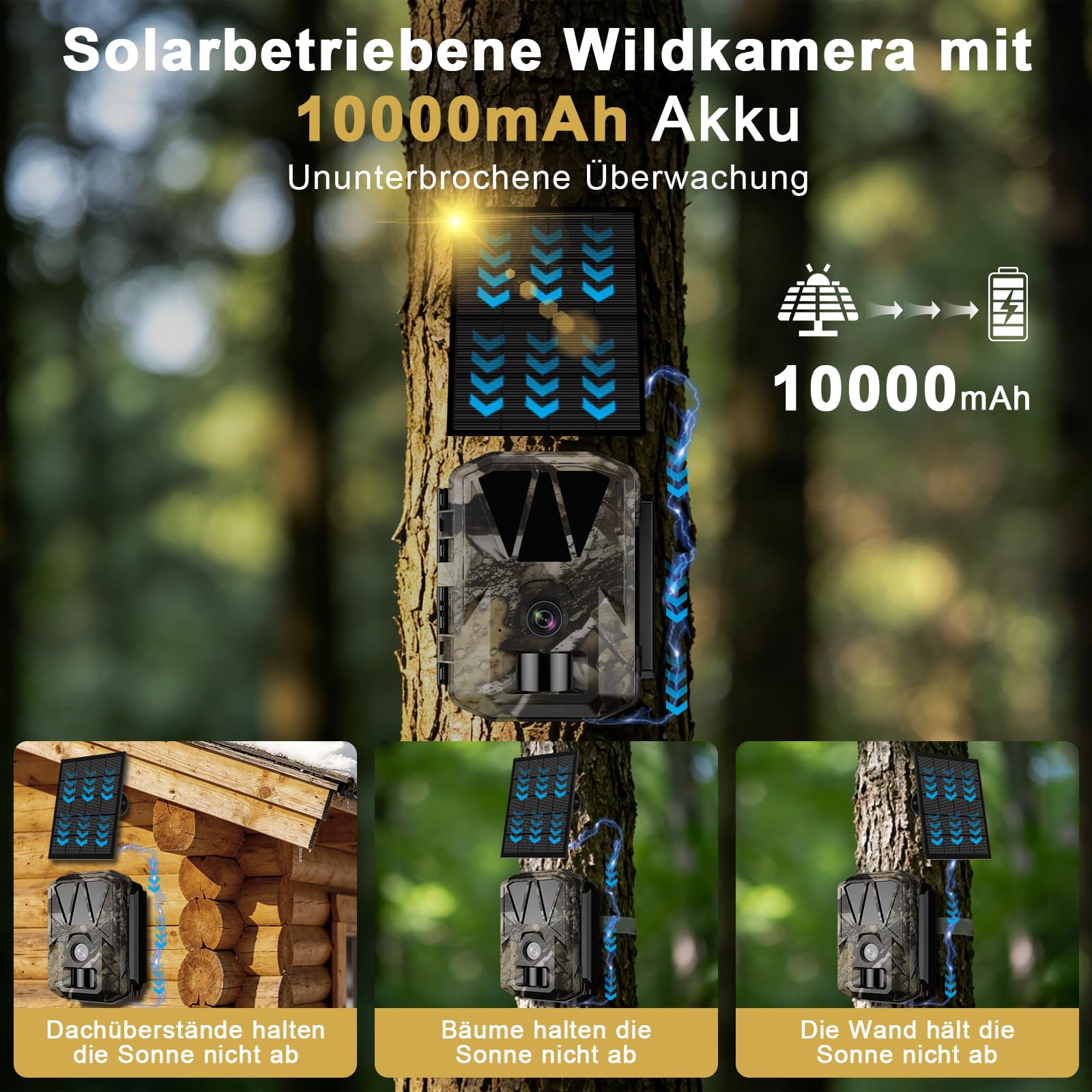 Wildkamera WLAN 5K/64MP mit Wiederaufladbare 10000mAh Akku | Wildtierkamera Solar, Handyübertragung App, Bewegungsmelder Nachtsicht, 32G SD Karte, 0,1s Auslösezeit, IP66