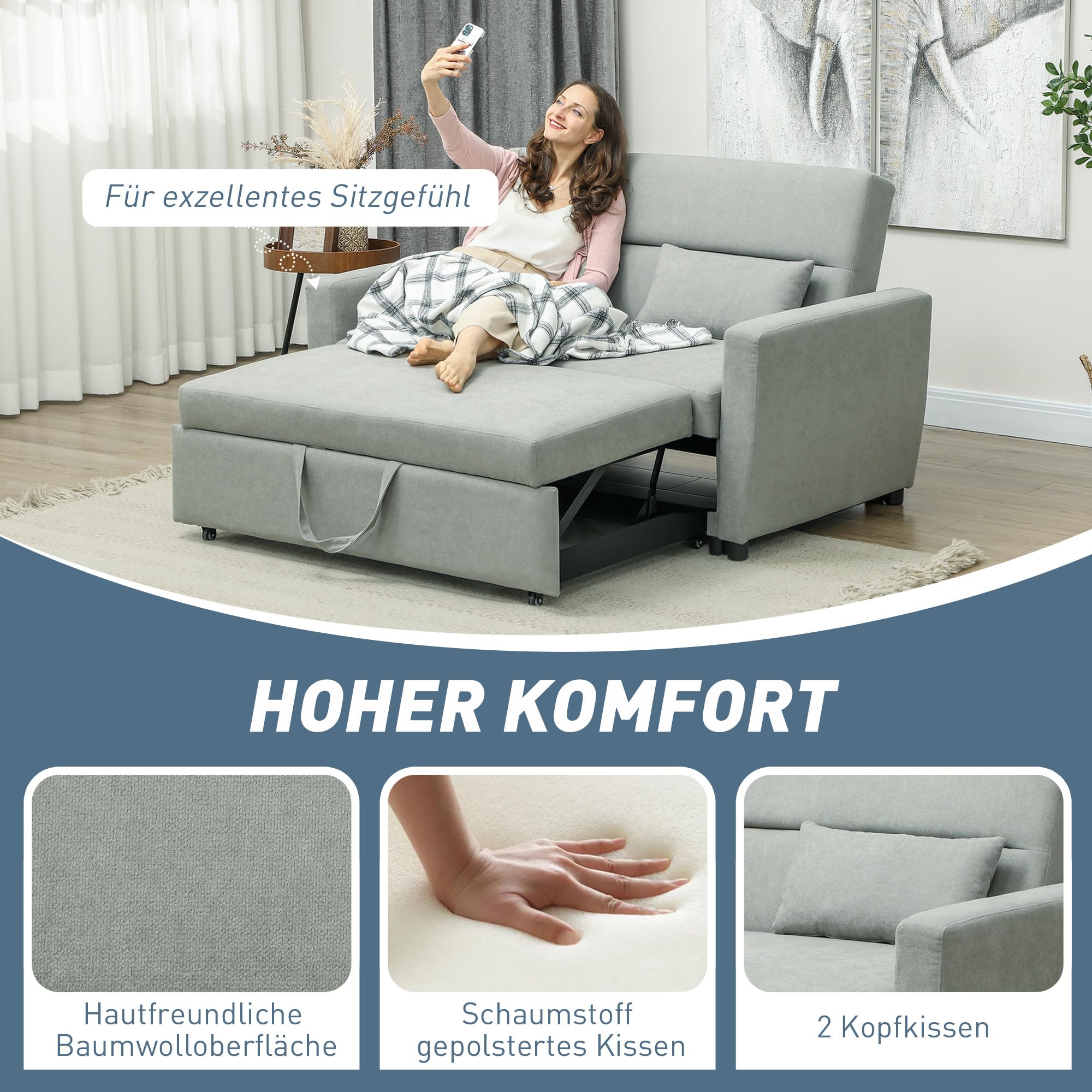 HOMCOM Schlafsofa mit Schlaffunktion, Verstellbare Rückenlehne, Hellgrau