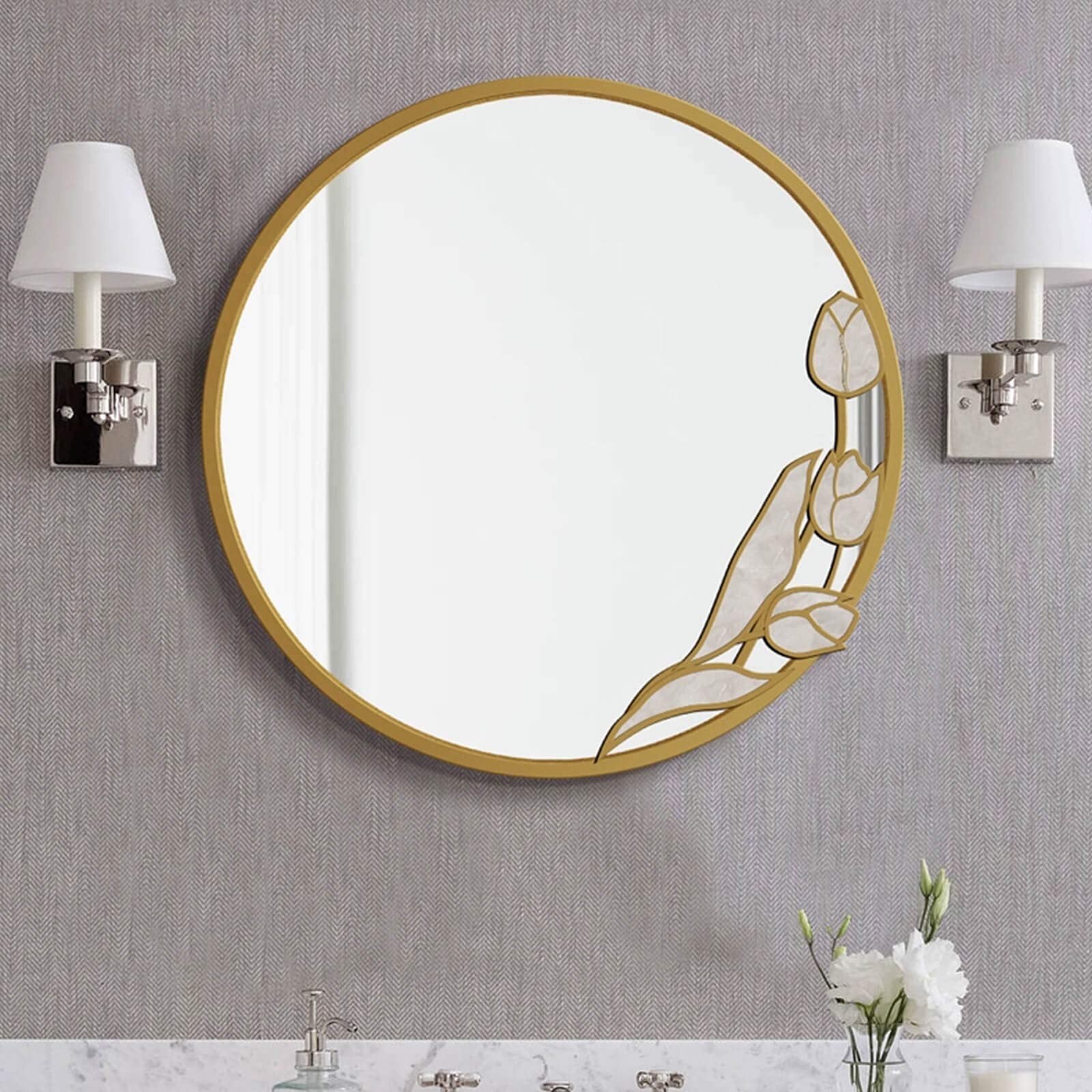 Specchio Espejo de baño moderno para sala de estar, espejo decorativo de pared redondo con marco de madera y diseño de flor de magnolia, espejo plateado antivaho de alta definición para dormitori