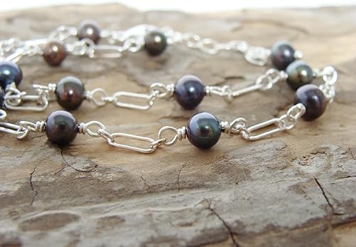 Miniatura 5 de Black pearl anklet, sterling silver, dainty ankle bracelet, adjustable length, peacock pearls, 9.5-10.5 inches