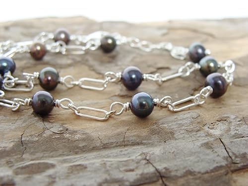 Miniatura 5 de Black pearl anklet, sterling silver, dainty ankle bracelet, adjustable length, peacock pearls, 9.5-10.5 inches