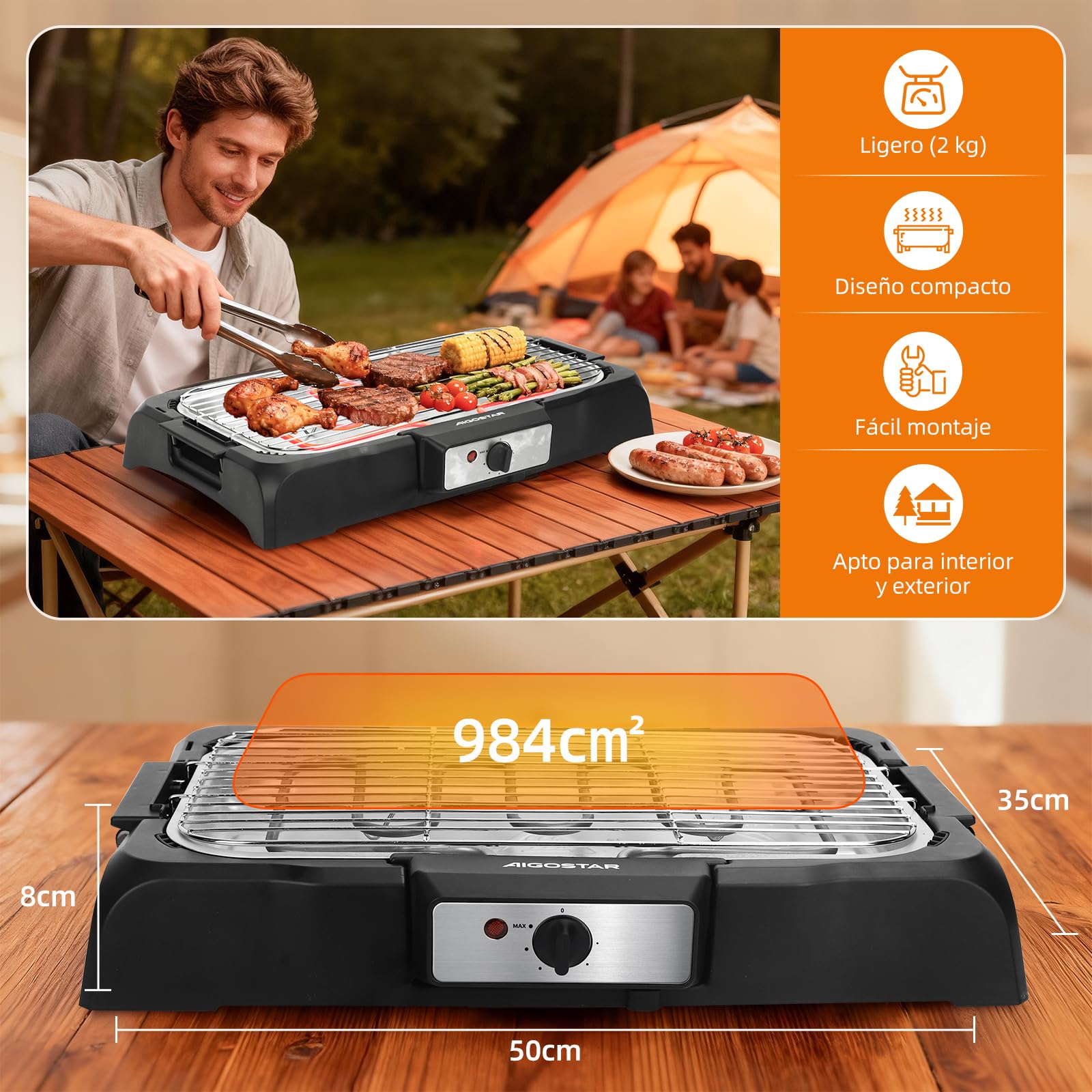 Aigostar Tasty - Grill sin humo, plancha de asar, barbacoa eléctrica para interiores, 2000W, tamaño compacto, uso con agua: evita manchas y humo, bandeja recoge grasa, termostato.
