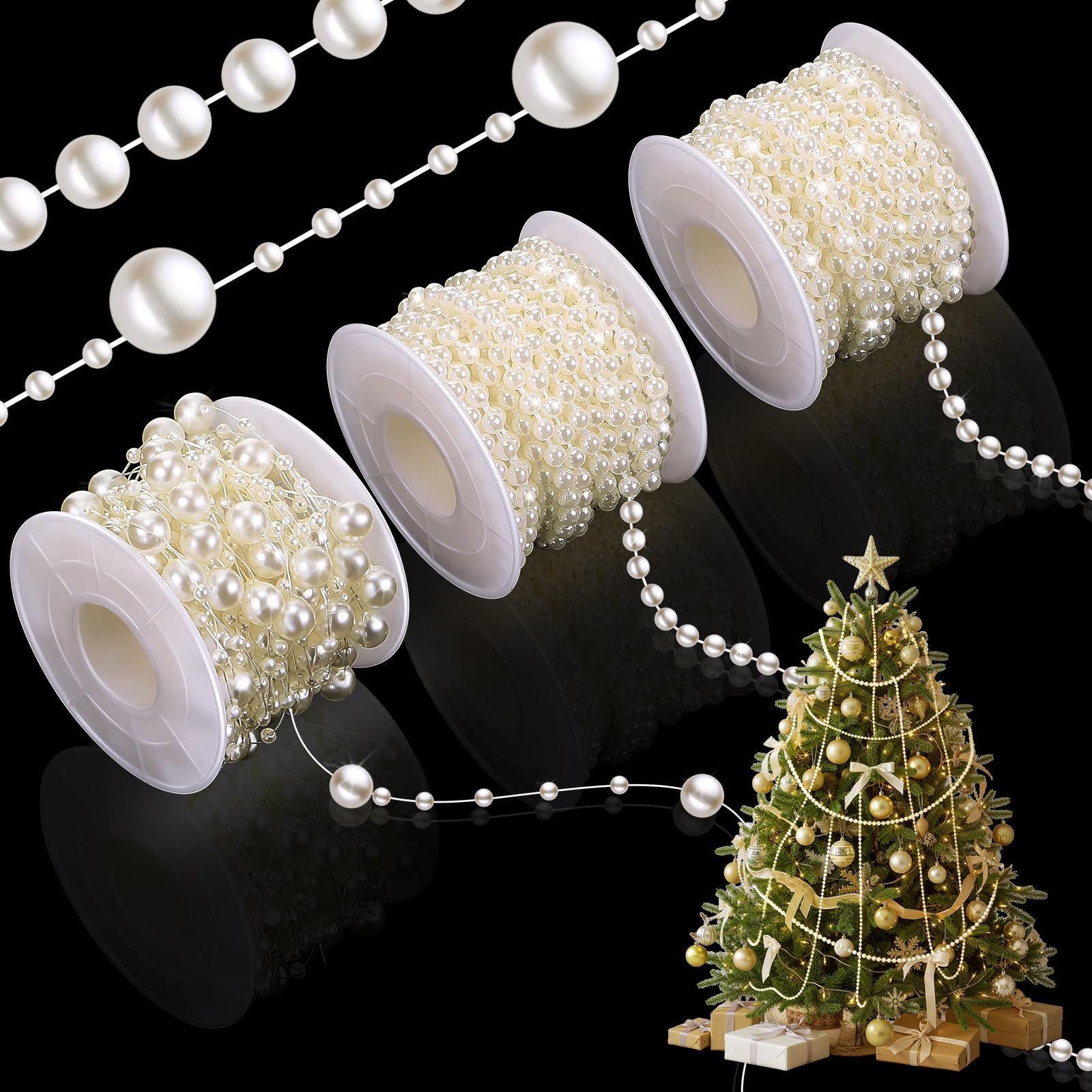 Bonuci 3 Rolls 66 Feet Pearls String Garland Decoration Artificial Beads Chain for Christmas Tree Faux Pearl Garland Roll Strand for Crafting String of Flowers Wedding(Ivory,4mm)