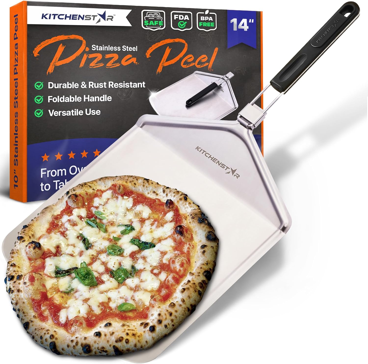 KitchenStar Stainless Steel Pizza Peel 14 inch with 10 inch Folding Handle, Large – Spatula Paddle for Effortless Pizza Transfer & Easy Storrage – Outdoor Pizza Oven Accessories KitchenStar Stainless Steel Pizza Peel 14 inch with 10 inch Folding Handle, Large – Spatula Paddle for Effortless Pizza Transfer & Easy Storrage – Outdoor Pizza Oven Accessories