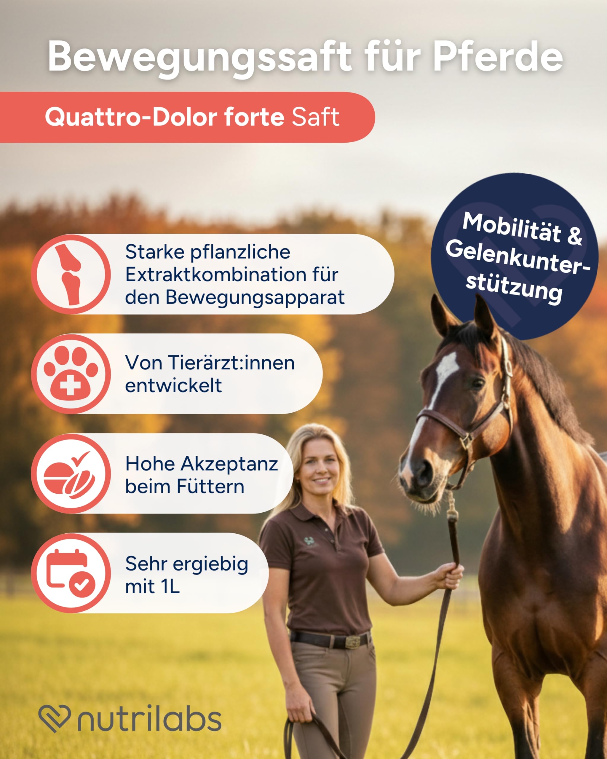 NutriLabs Quattro-Dolor forte Bewegungssaft für Pferde 1 L - mit Gelbwurz-, Ingwer-, Teufelskrallen-Extrakt u.v.m. - Teufelskralle - Pferde-Nahrungsergänzungsmittel - Bewegung