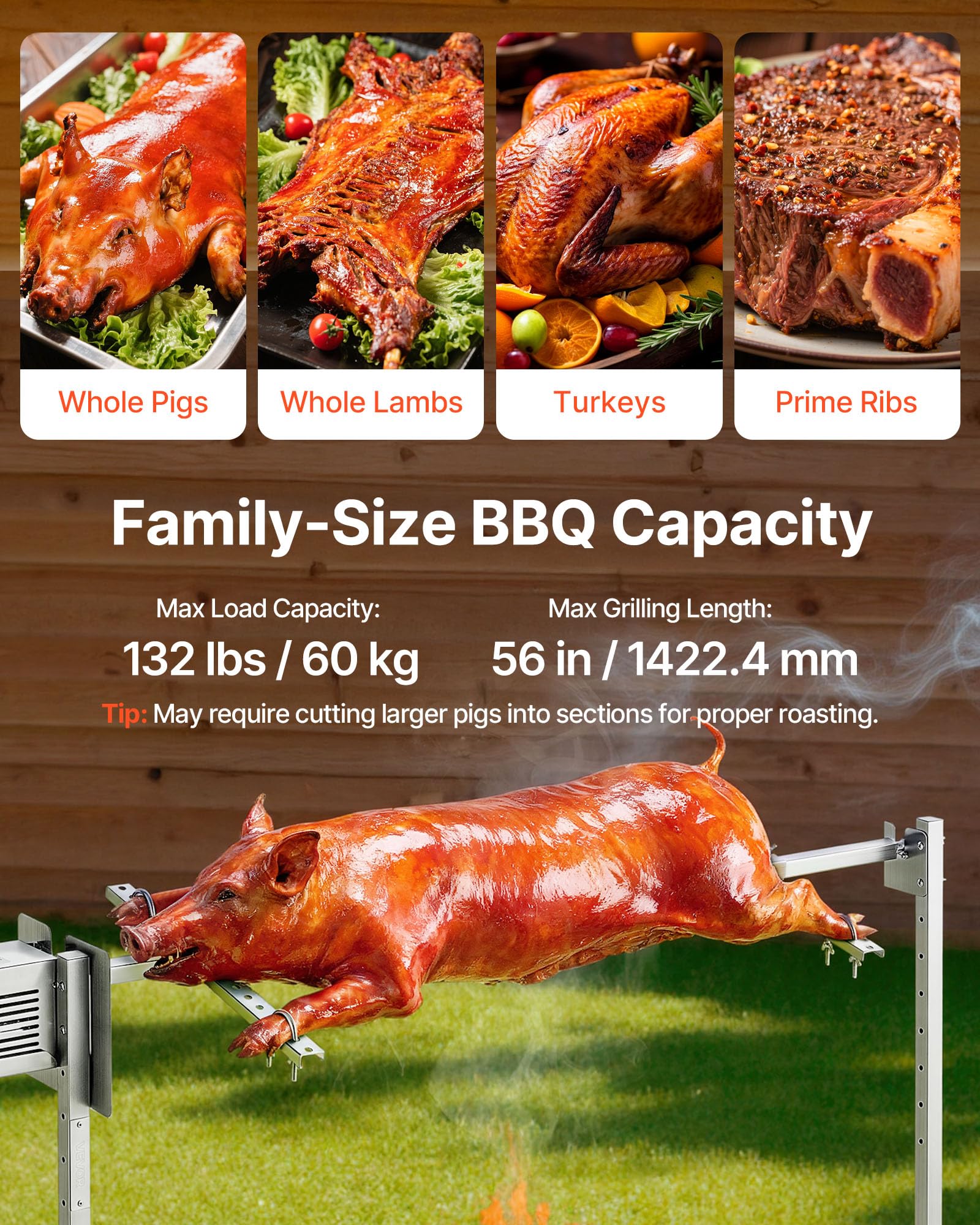 VEVOR Grill rożen o udźwigu 60 kg, 8 poziomów wysokości, automatyczny silnik 38 W, widelec ze stali nierdzewnej, do jagnięciny, prosiąt