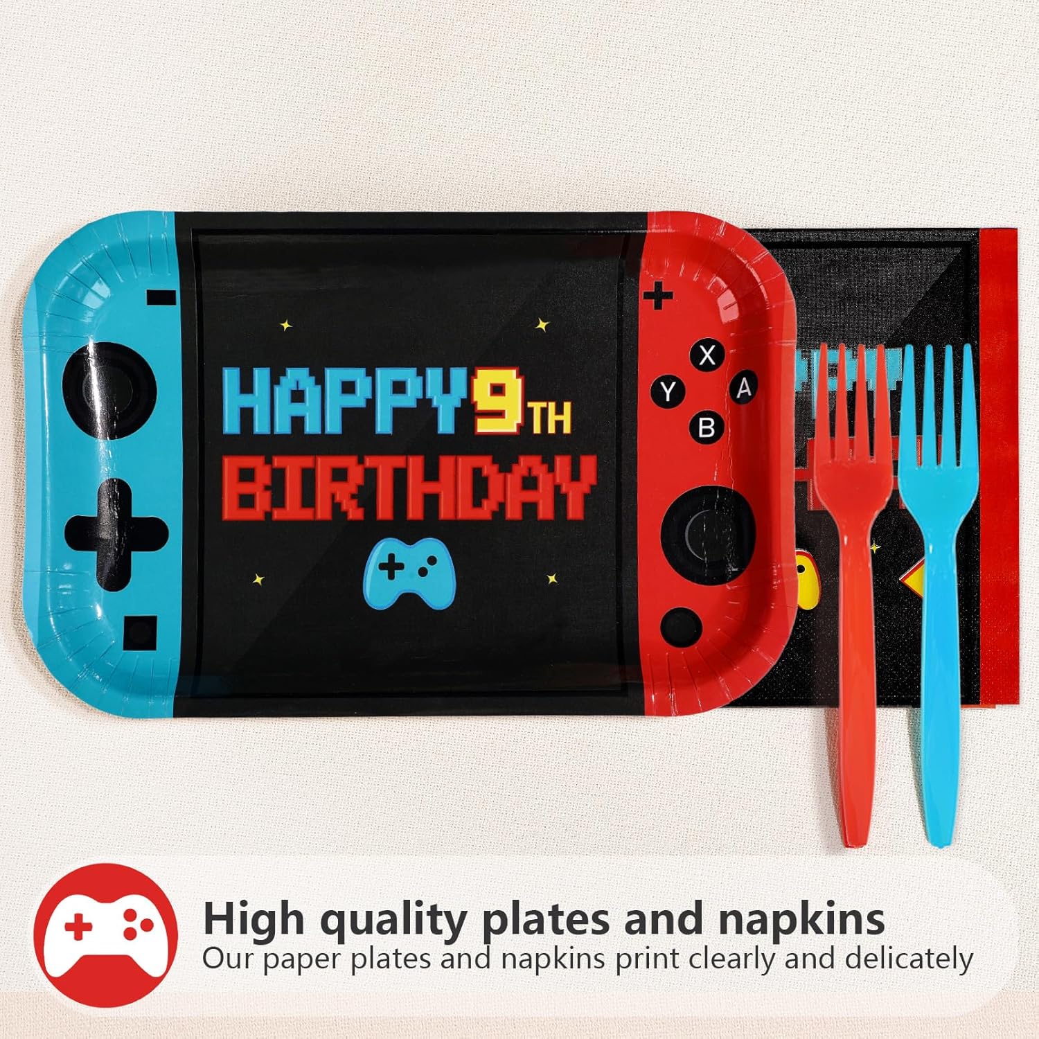 96Pcs Video Game 9th Birthday Decorations Level 9 Birthday Party Plates and Napkins Level Up Disposable Tableware for 9 Years Old Boy Gaming Birthdays Decorations