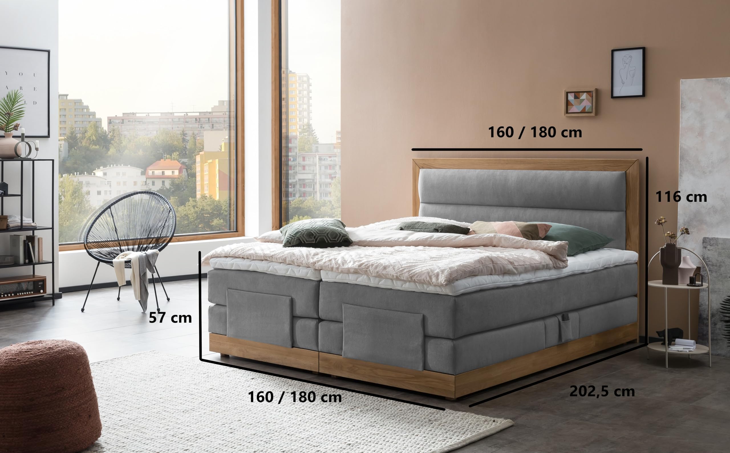 Belanoti MODELA Boxspringbett 160x200 elektrisch verstellbar 7-Zonen Taschenfederkern Matratze inkl Visco Topper Bett 160x200 mit Motor Farbe Hellgrau H2/H3 Polsterbett Motorbett Massivholz Eiche