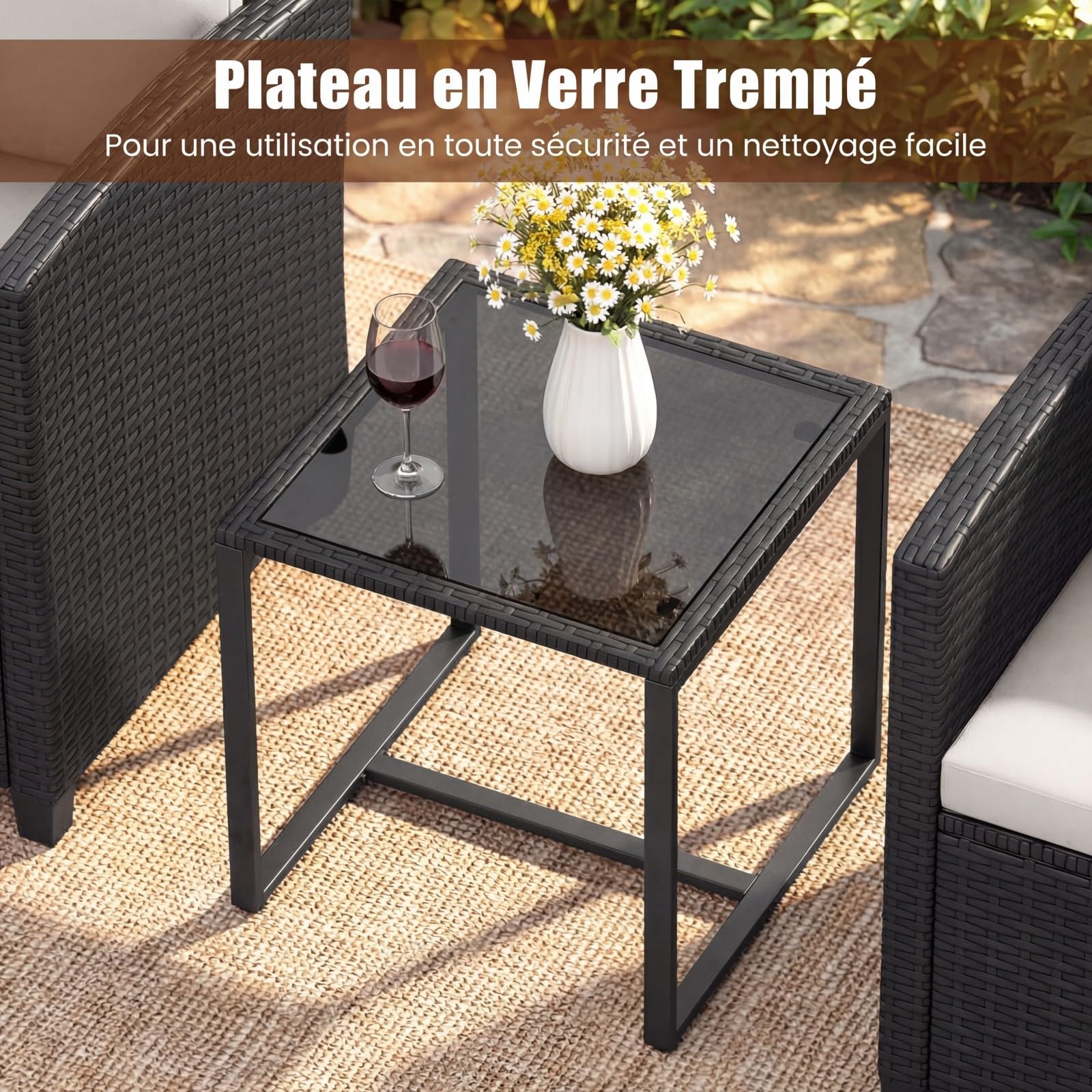 COSTWAY Ensemble Salon de Jardin 2 Personnes en Rotin PE, Mobilier d'Extérieur avec 2 Fauteuils Table Basse Plateau en Verre Trempé Coussins Amovibles, pour Terrasse Jardin (Noir+Beige)